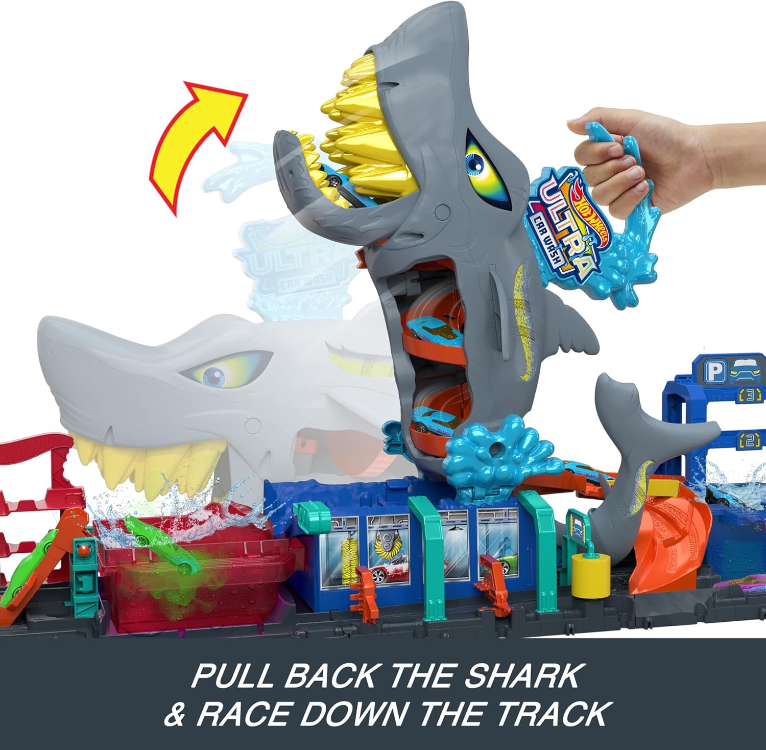 Detalle de Hot Wheels Let's Race Netflix - City Toy Car Track Set: Ultra Shark Car Wash with 1:64 Scale Color Reveal Car (HTN82)