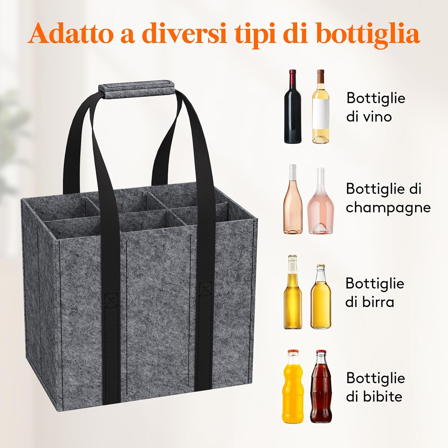 Detalle de Lifewit Borsa portabottiglie in feltro rinforzato con manici e 6 scomparti (30 x 20 x 26 cm)