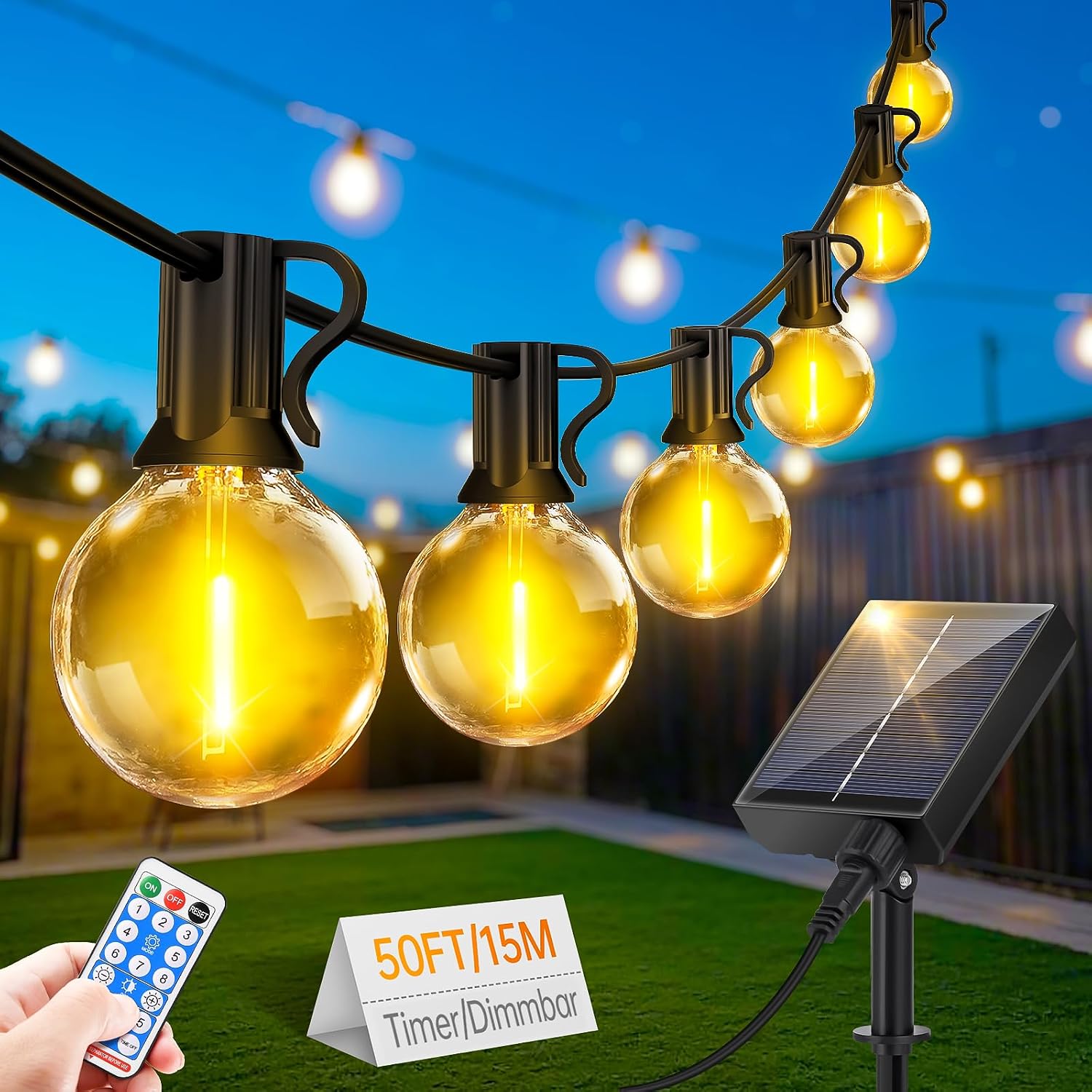 Detalle de FGRYB Solar Lichterkette Außen 15 m – 20+1 G40 LEDs, dimmbar, IP65 Solar + USB-C, 8 Modi