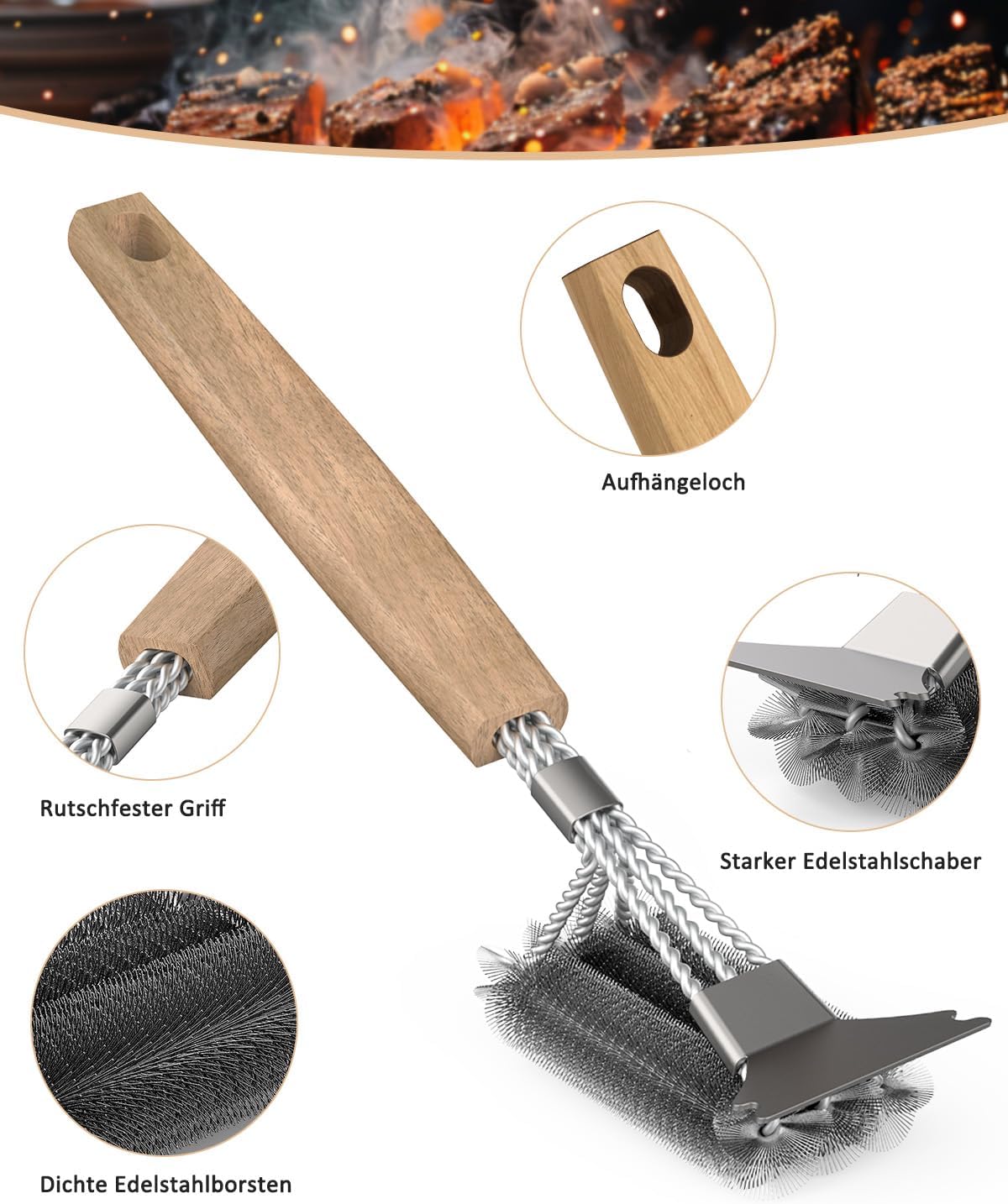 Thumbnail 1 de Grillbürste mit Holzgriff und Edelstahlschaber – 39 cm extra langer Reinigungsgriff für Grillrost