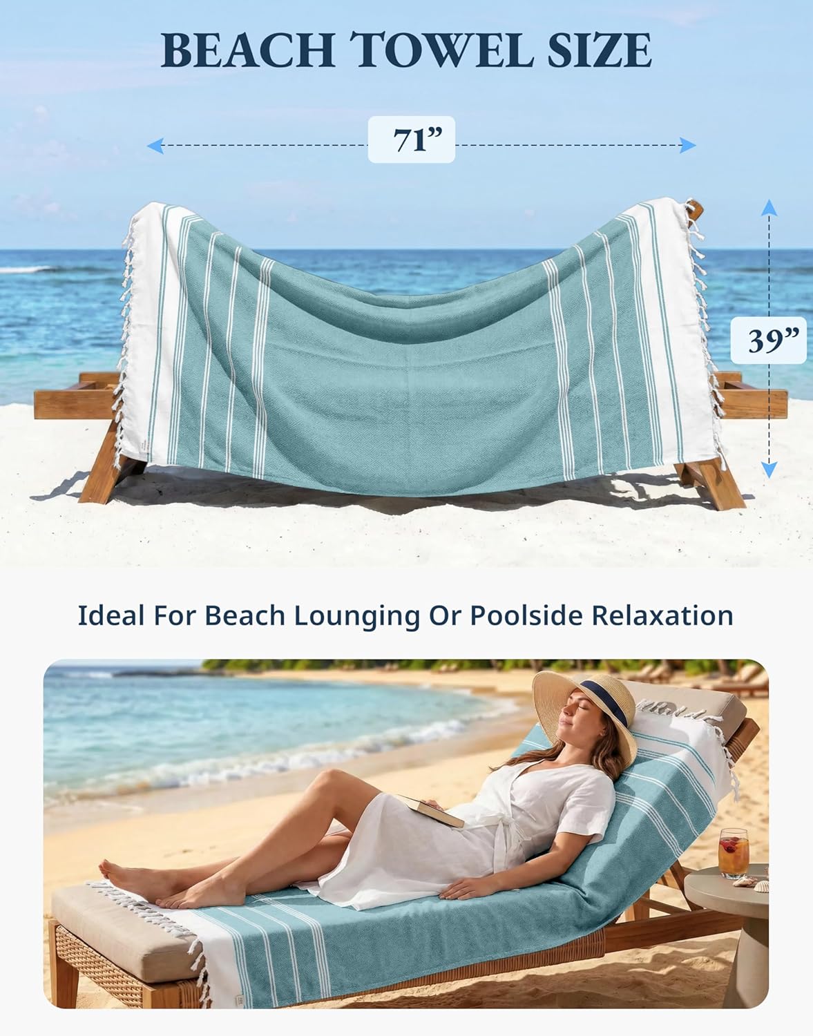 Detalle de Lane Linen Turkish Beach Towels Set of 6: Cotton‑Rich Oversized Sand‑Free Towels (39x71 inches) – Aqua