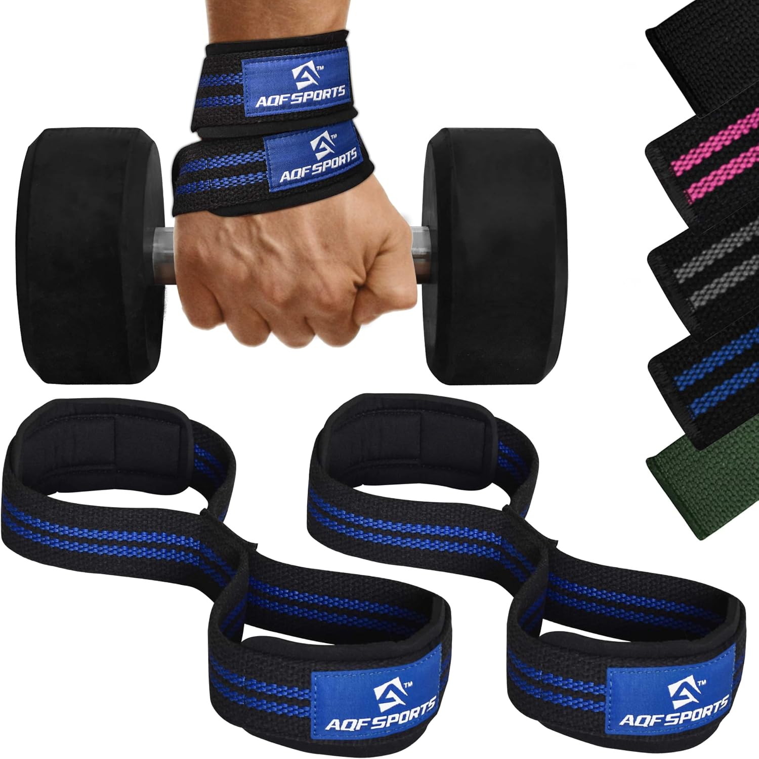 AQF Figure 8 Lifting Straps (Heavy-Duty Cotton Webbing) with Padded Wrist Cuff Support