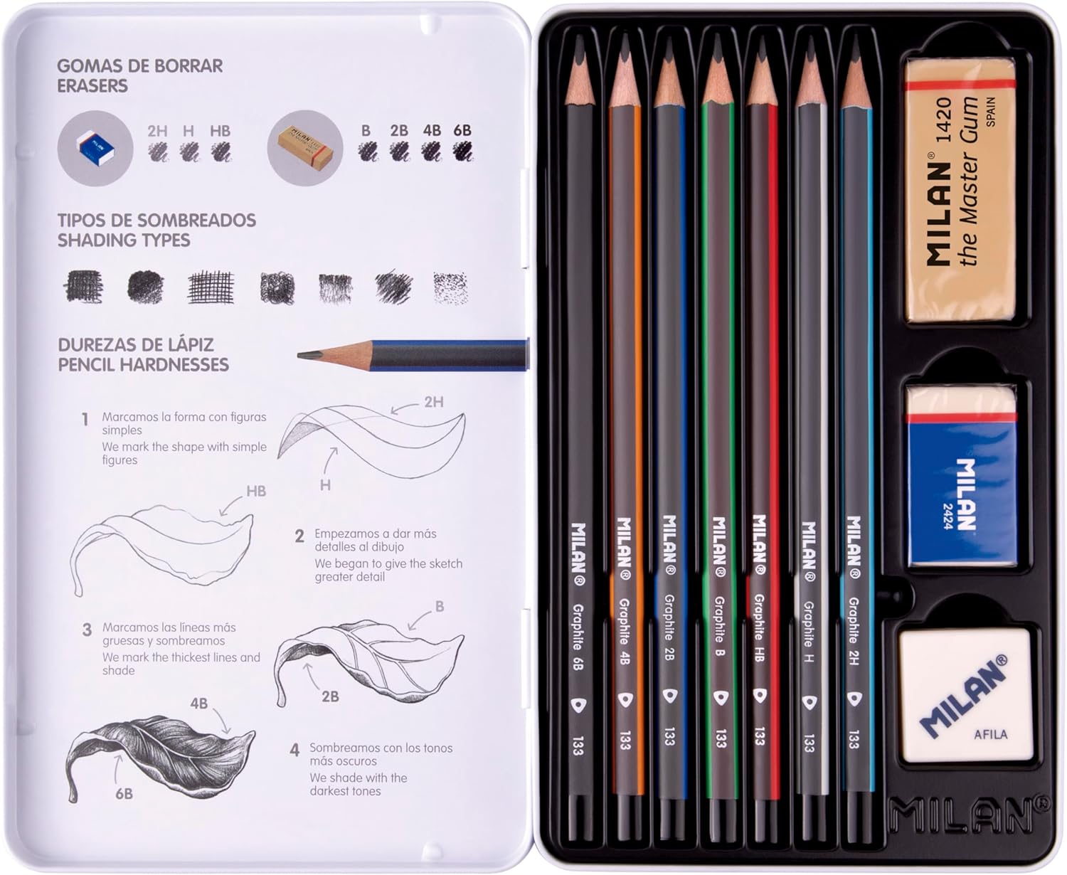 MILAN Lot de 7 crayons graphite 2H HB B 2B 4B 6B