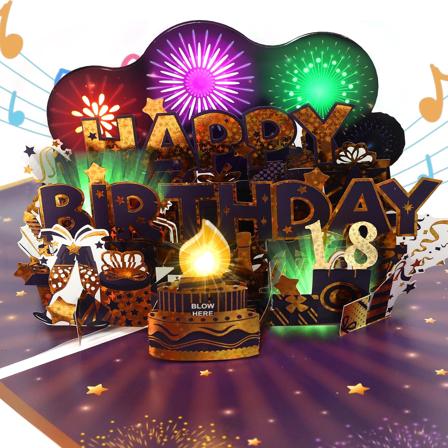 Detalle de 18th Birthday Card (Musical & Fireworks Pop-Up) – with Light-Up “Pop” Blow-Out Surprise