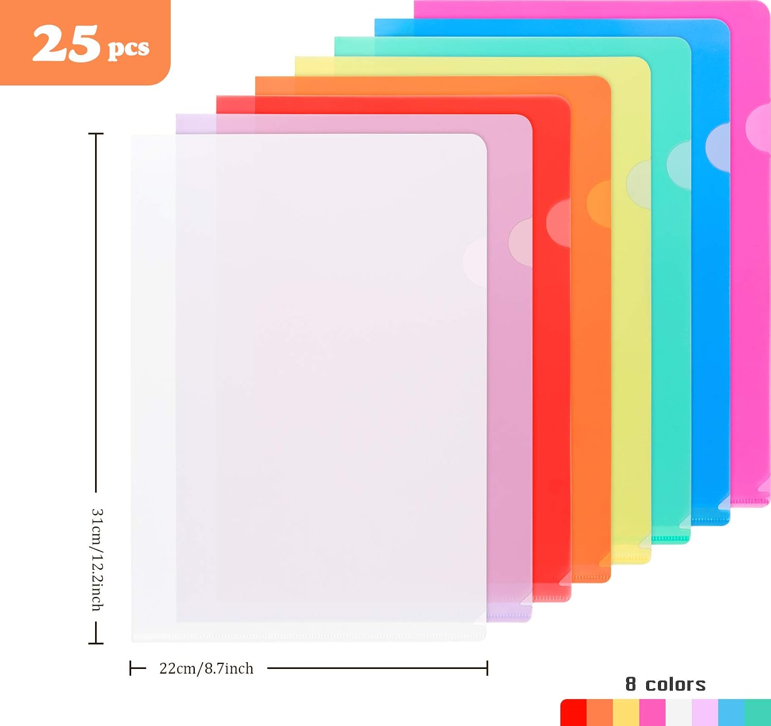 Detalle 2 de 25 Pack A4 Clear Plastic Folders (8 Assorted Colours) – Transparent PP File Wallets