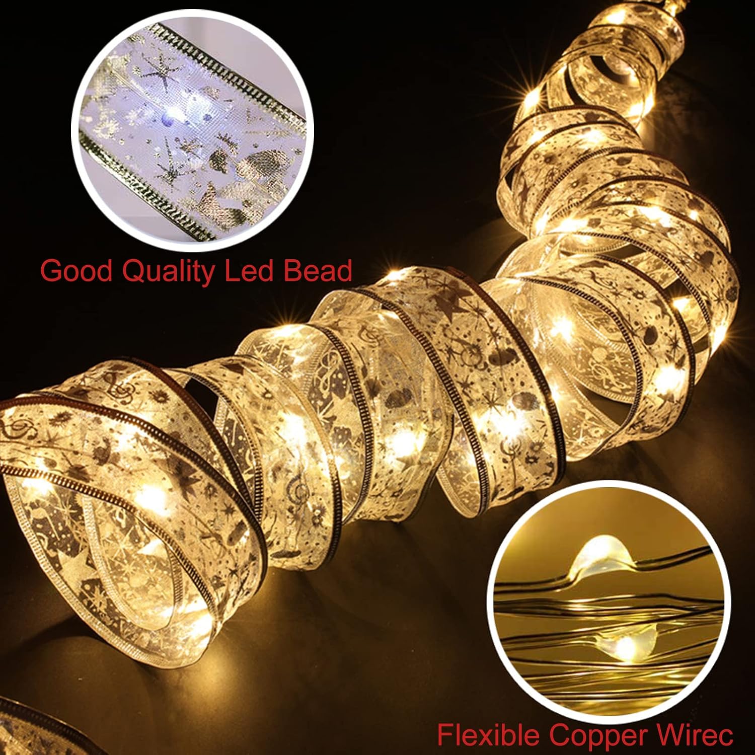Detalle 2 de Fuanxo Christmas Tree Ribbon Fairy Lights, 6 m, Silver, 60 Warm-White LEDs