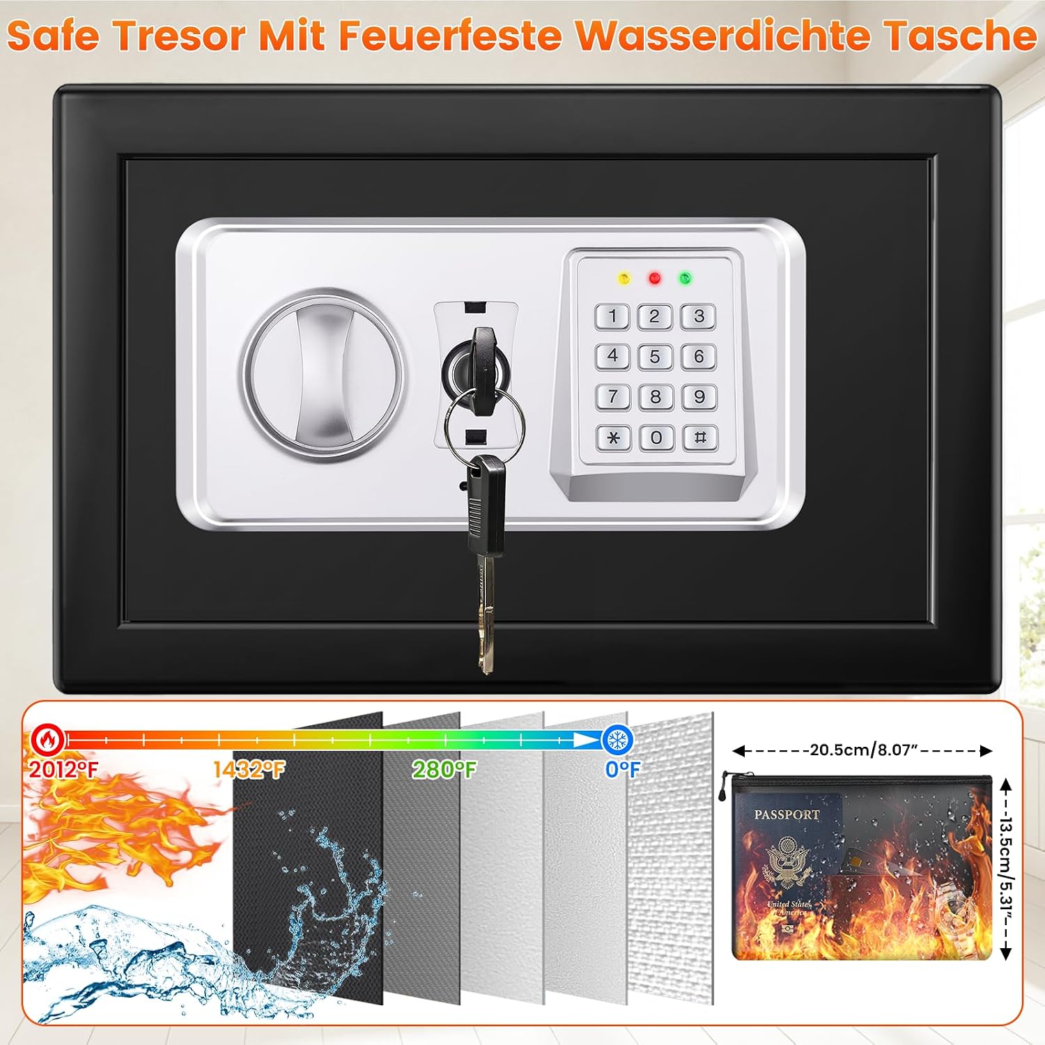 Detalle de Mejasg Safe Tresor Zuhause mit feuerfester Tasche – 15 L, USB-C, Alarm- und Silent-Modus, Wand- bzw. Möbeltresor