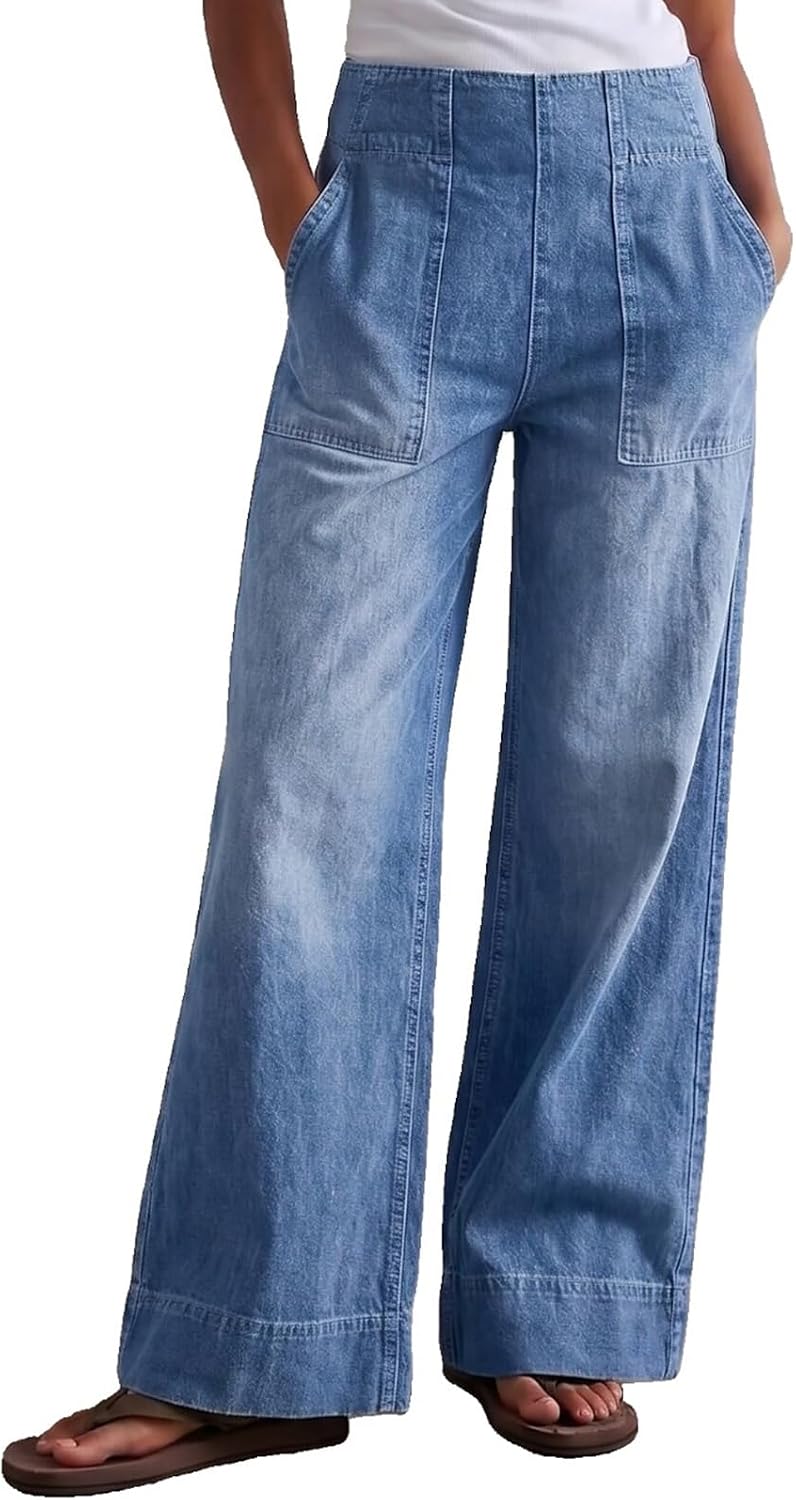 Detalle de Vidiva Women's Wide-Leg Pull-On Jeans, 100% Cotton with Elastic Waist
