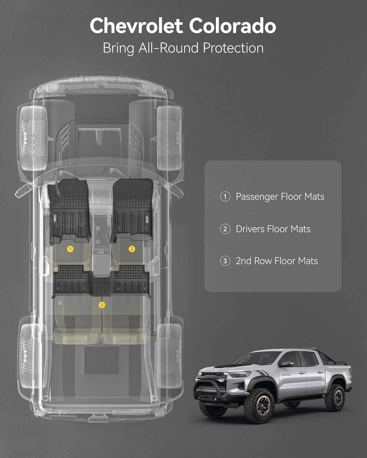 Thumbnail 6 de 3W Custom Fit 2023-2026 Chevy Colorado / GMC Canyon All-Weather Floor Mats (2 Rows) in Black