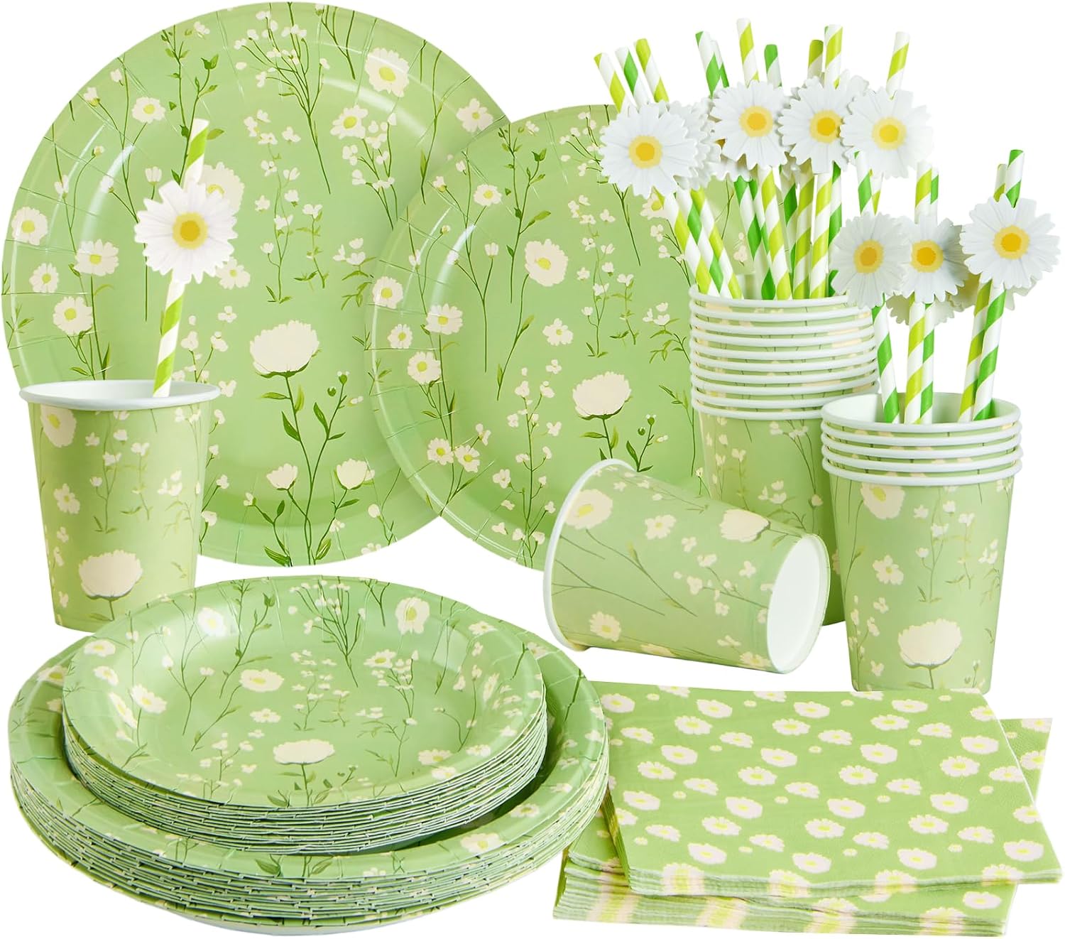 Detalle de SUNBEAUTY 80PCS Green Daisy Paper Plates and Napkins Set