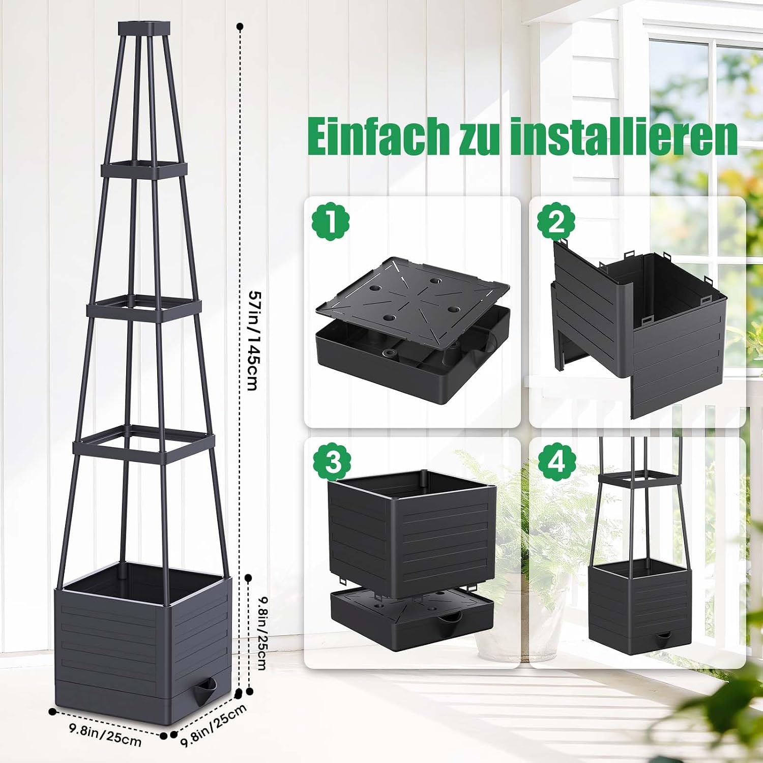 Detalle de MQHUAYU Tomatentopf-Set mit 145 cm Rankhilfe und Selbstbewässerung (2er-Pack)