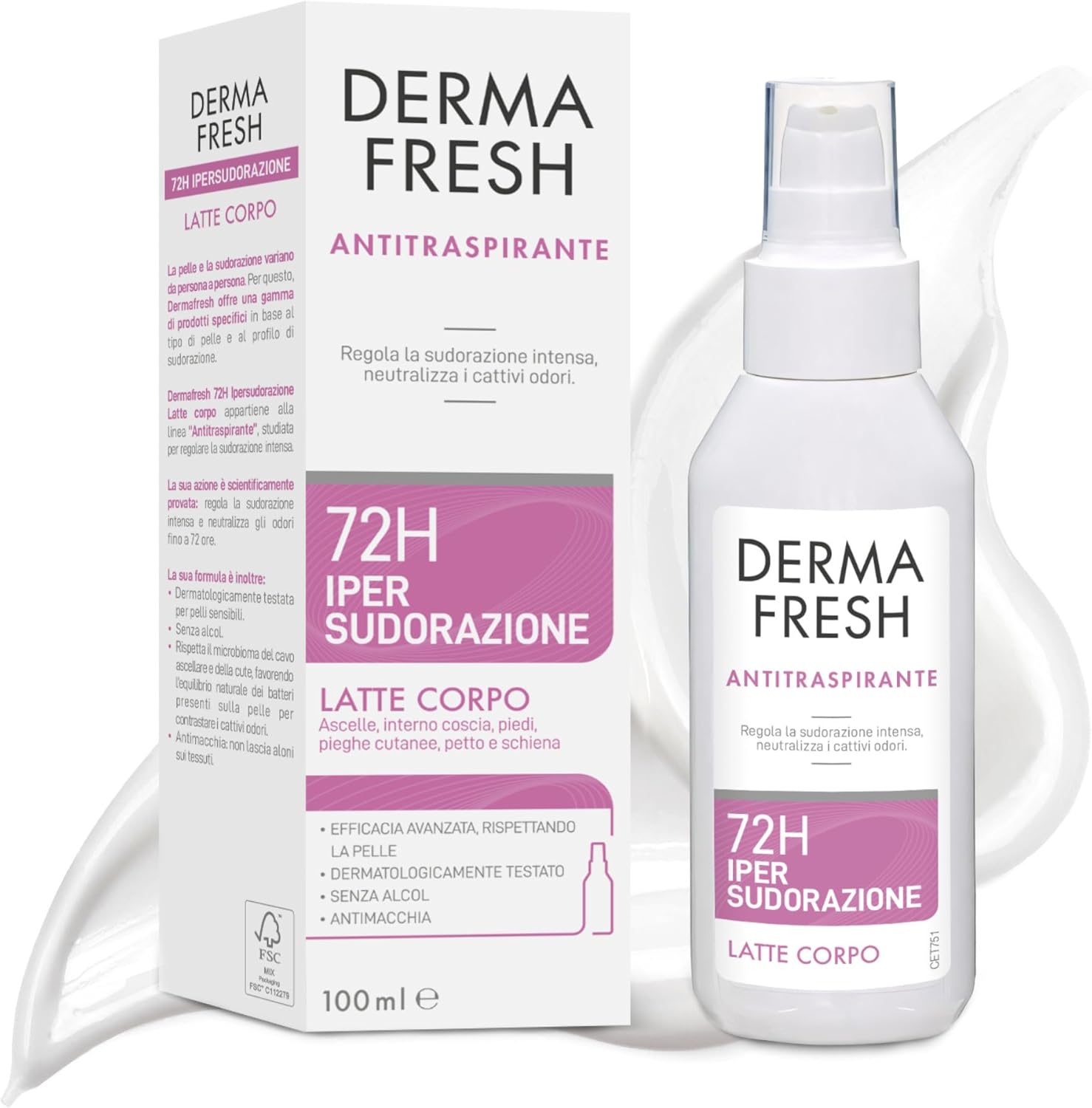 Detalle de Dermafresh Ipersudorazione Efficace 72H – Deodorante antitraspirante latte corpo 100 ml, no alcol