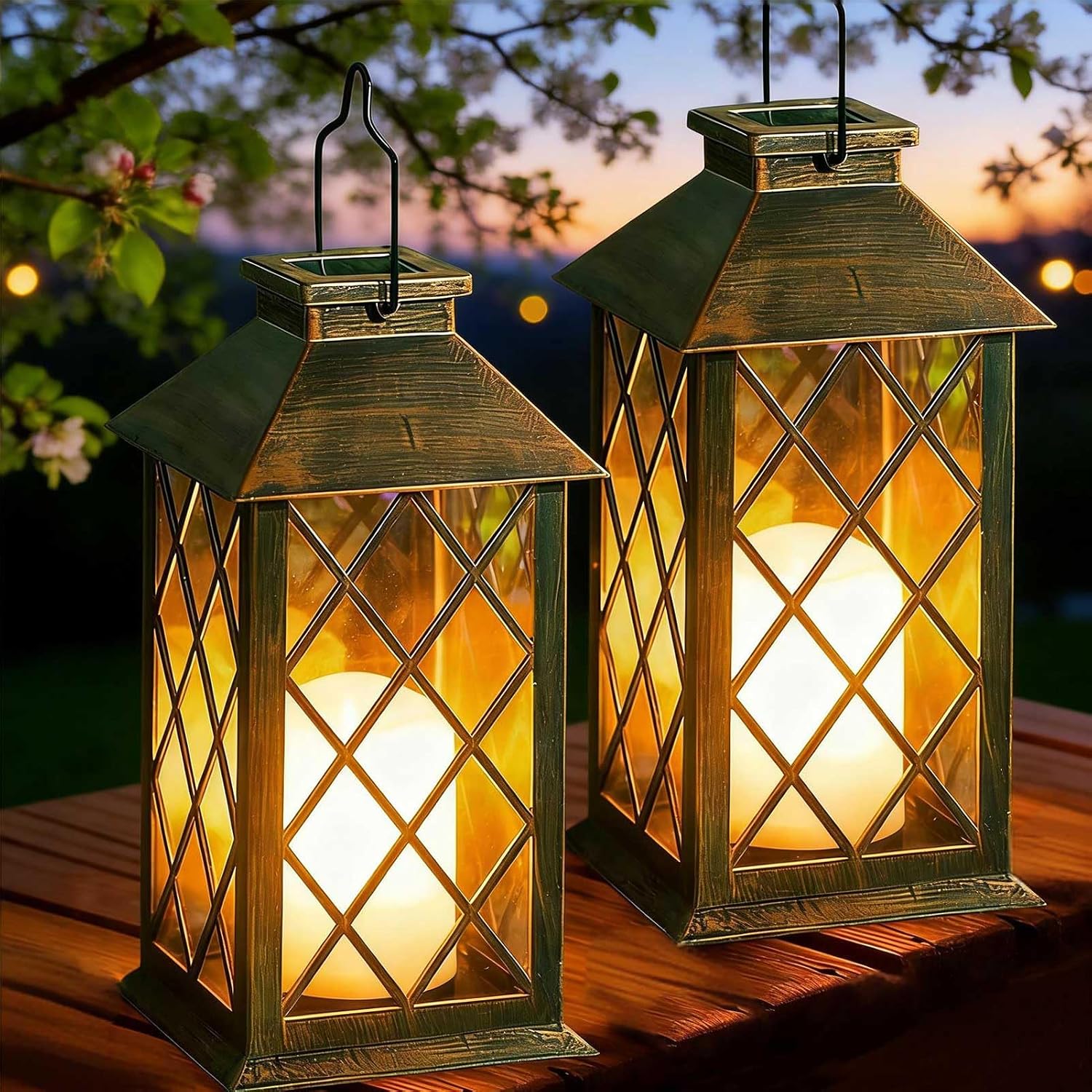 Detalle de Joycome Solar Lanterns for Outside (2 Pack) – Bronze, Hanging LED Lanterns with Flickering Candle