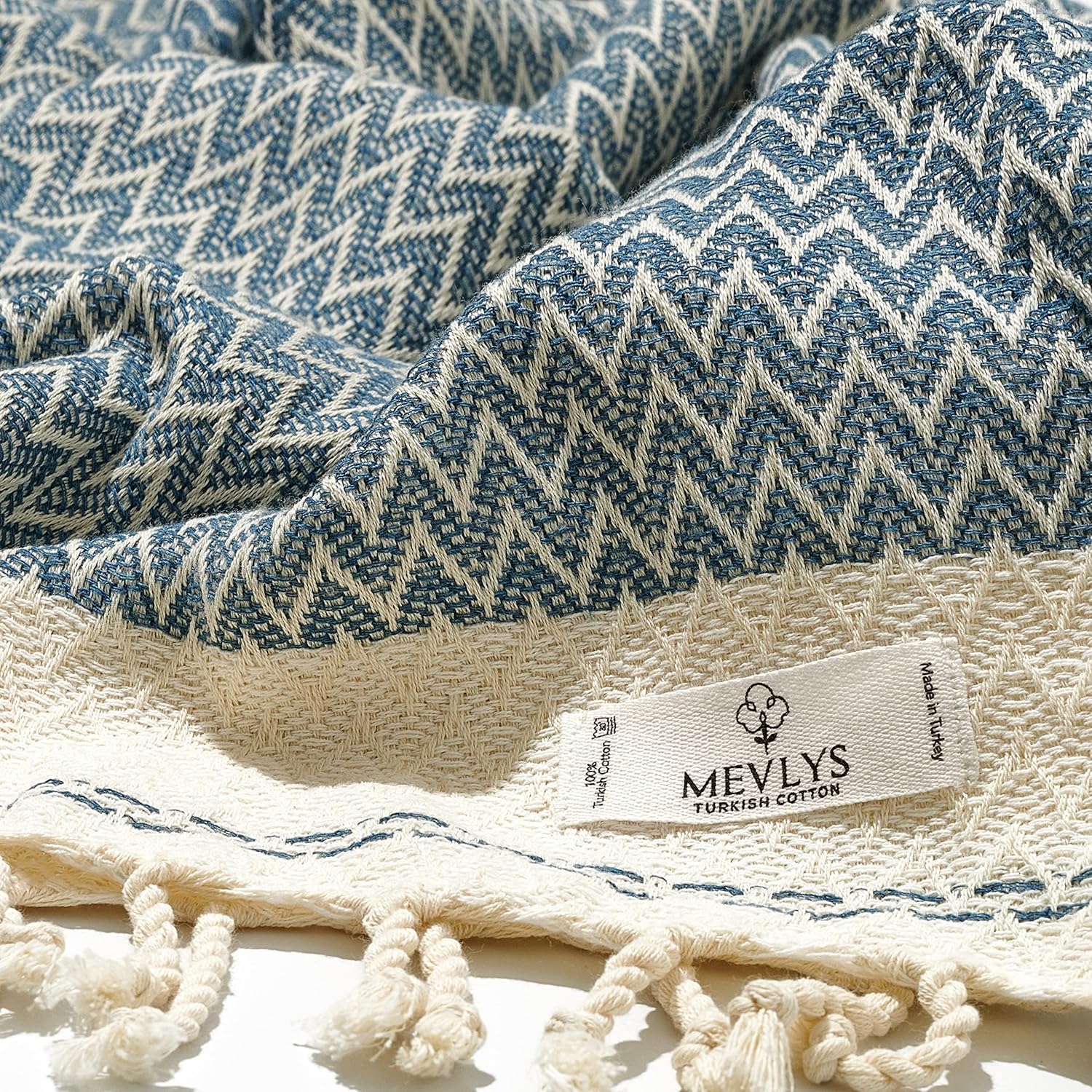 Detalle de MEVLYS Saunatuch & Hamamtuch im 2er-Set (Baumwolle), 100 x 180 cm – Petrol Blau/Pastellbeige