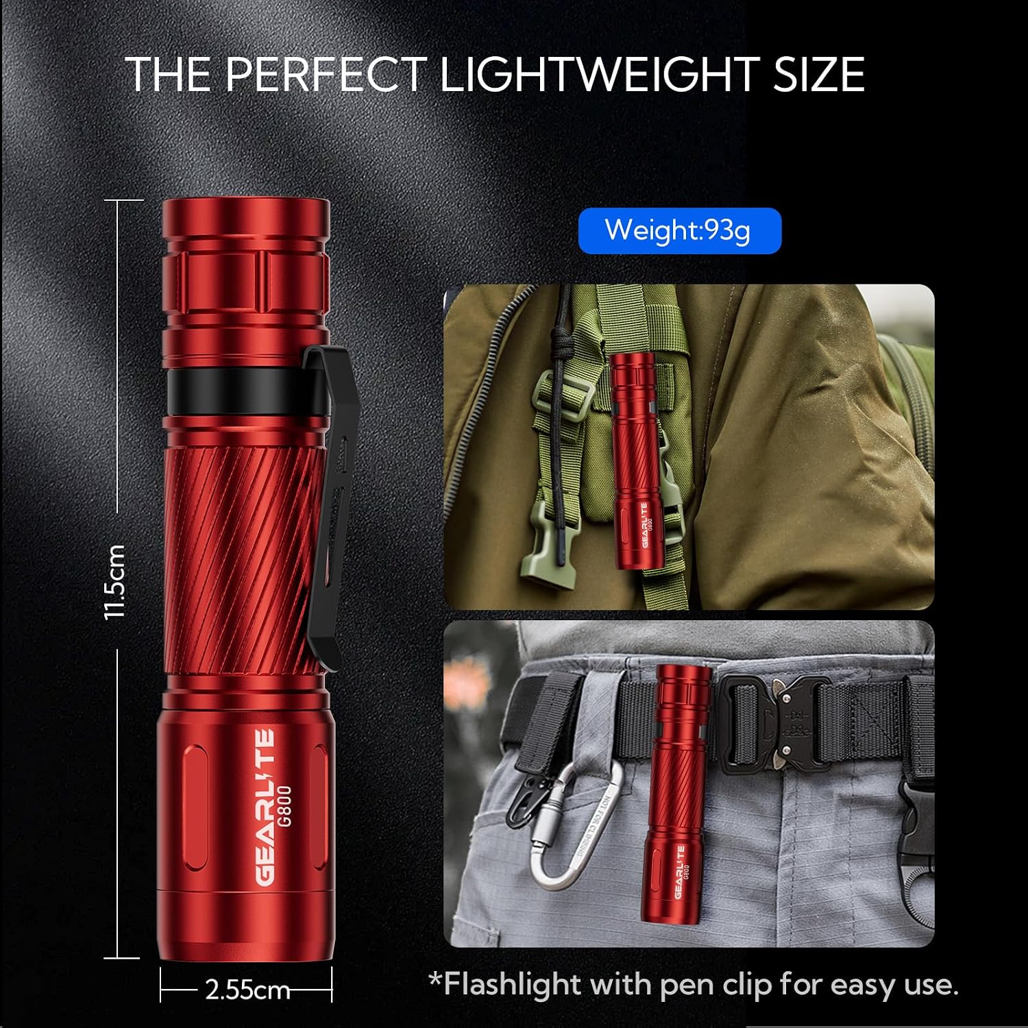 Detalle de GEARLITE G800 Mini LED-Taschenlampe mit Akku, 2000 Lumen, zoombar, 3 Modi, IP65 (rot)