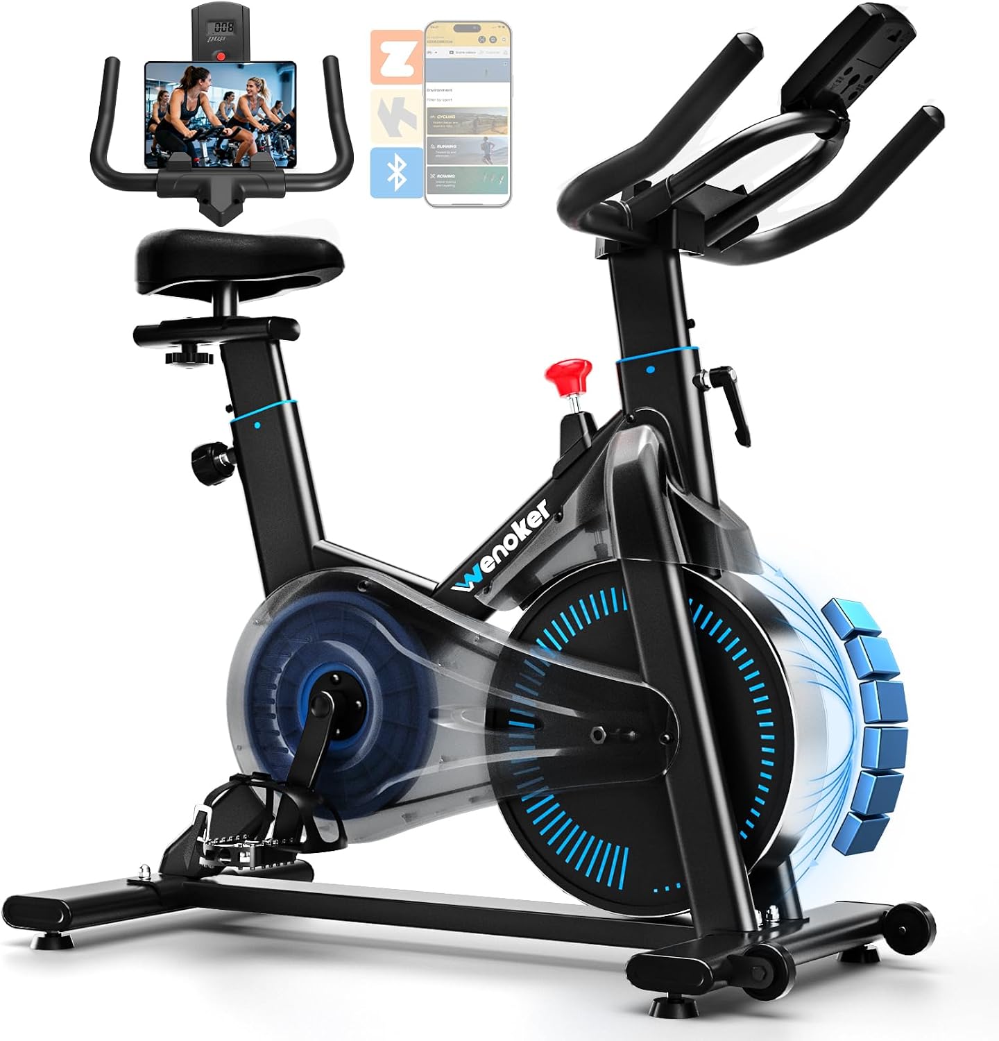 Detalle de Wenoker Exercise Bike (APP Compatible) — indoor cycling spin bike with LCD, Bluetooth and tablet holder