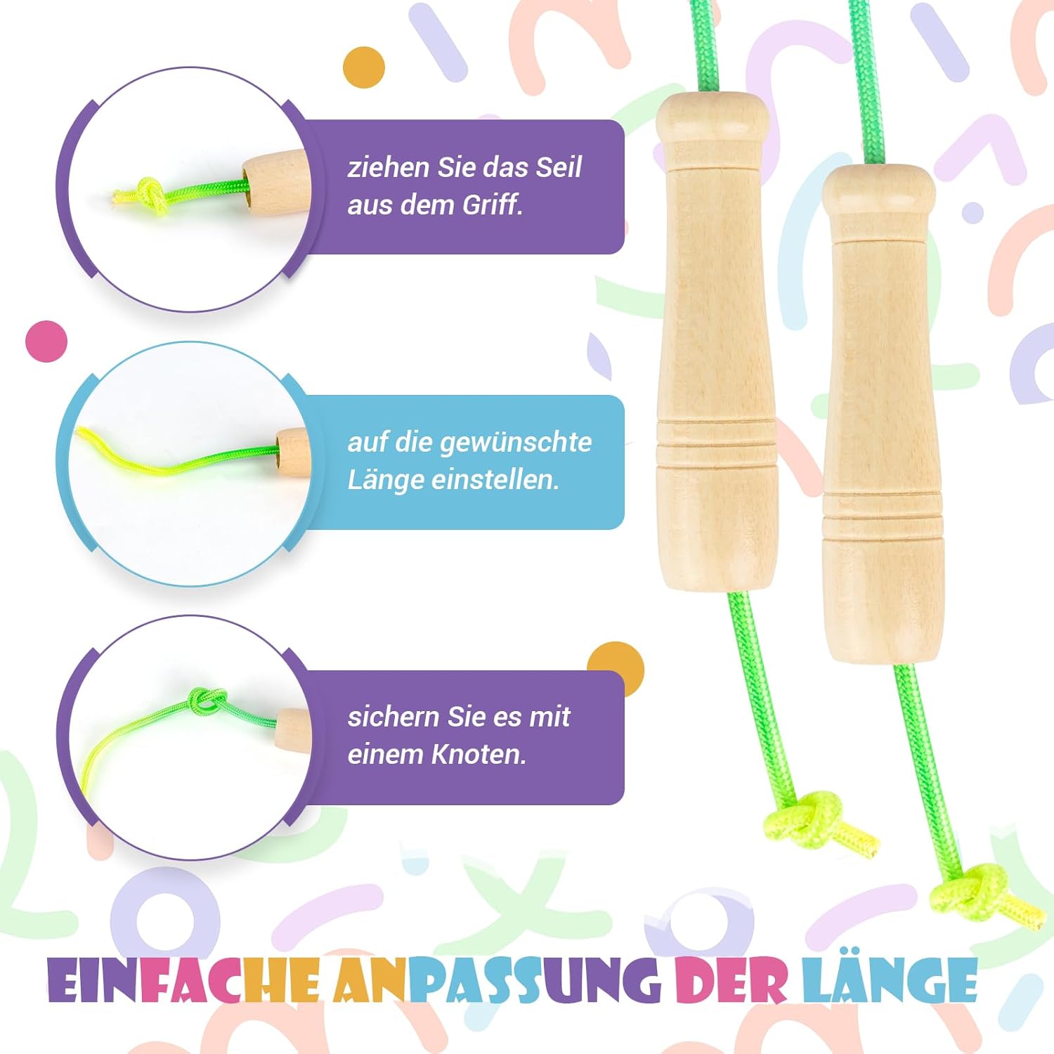 Thumbnail 3 de Springseil Kinder mit verstellbarer Länge – 250 cm, Holzgriffe, Regenbogen-Optik