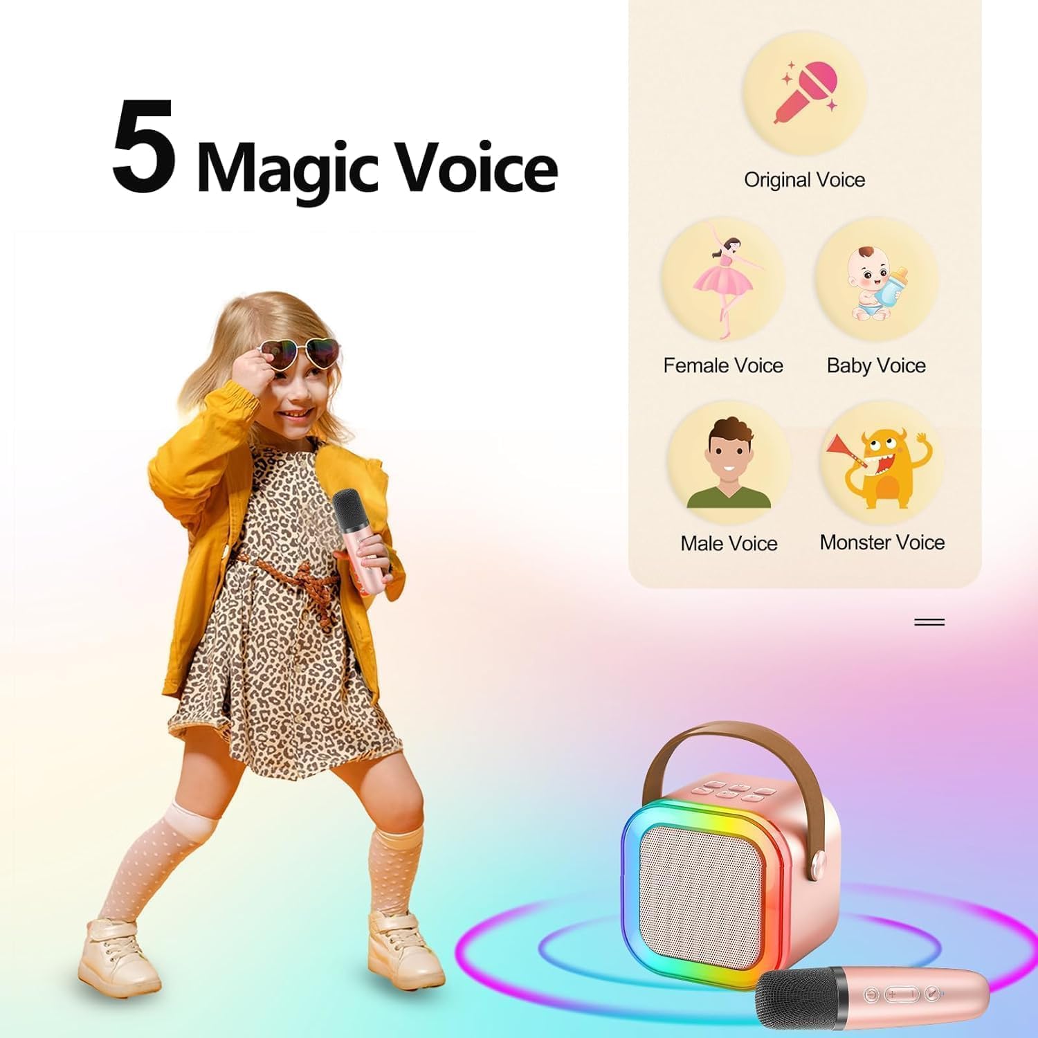 Detalle de Machine de karaoké portable Bluetooth avec 2 micros sans fil et effets vocaux LED pour enfants
