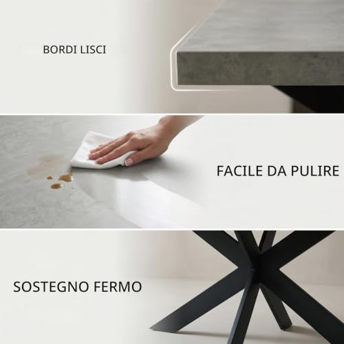 Detalle 2 de JIEXI Set tavolo da pranzo allungabile con 6 sedie: 130-170 cm, piano MDF grigio e base a X, sedie imbottite in flanella nera