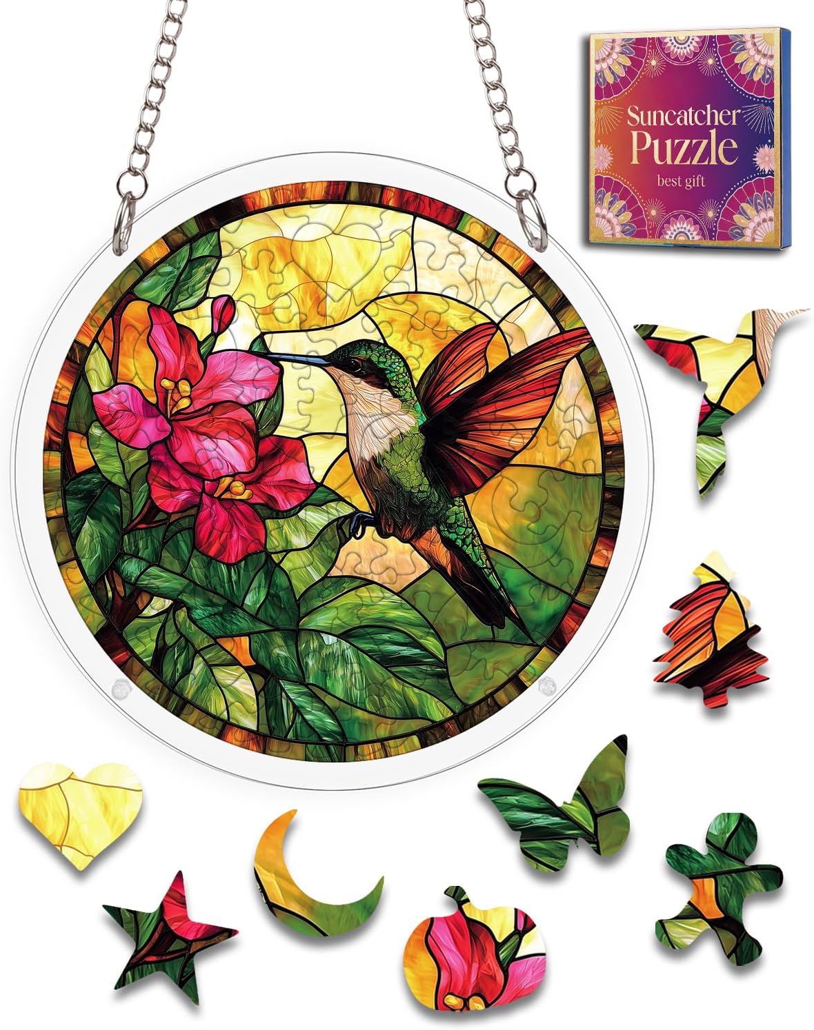 Detalle de HWRHTR 80-Piece Acrylic Hummingbird Suncatcher Puzzle, 12-Inch Floral Design