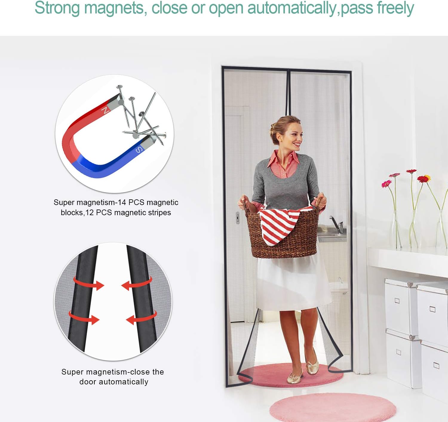 Thumbnail 3 de MYCARBON zanzariera magnetica per porta finestra 90x210 cm con chiusura automatica, rete anti mosche nera