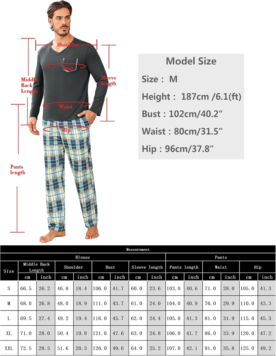 Detalle de Uniexcosm Pyjama Homme Hiver en coton – Ensemble à carreaux, manches longues