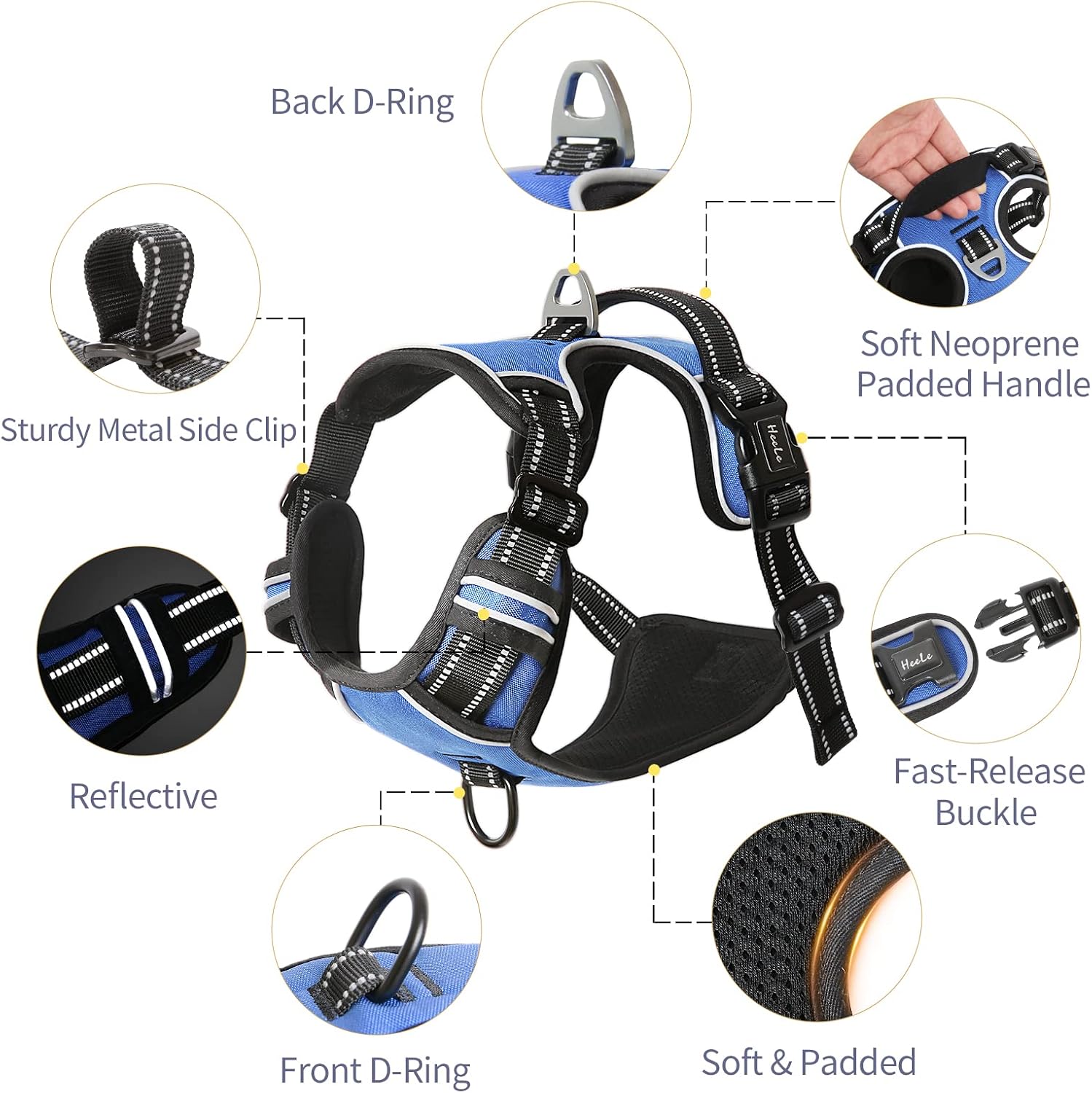 Detalle de HEELE Dog Harness Medium No-Pull Vest Harness with Soft Padded Handle, Reflective Strips (Blue, M)