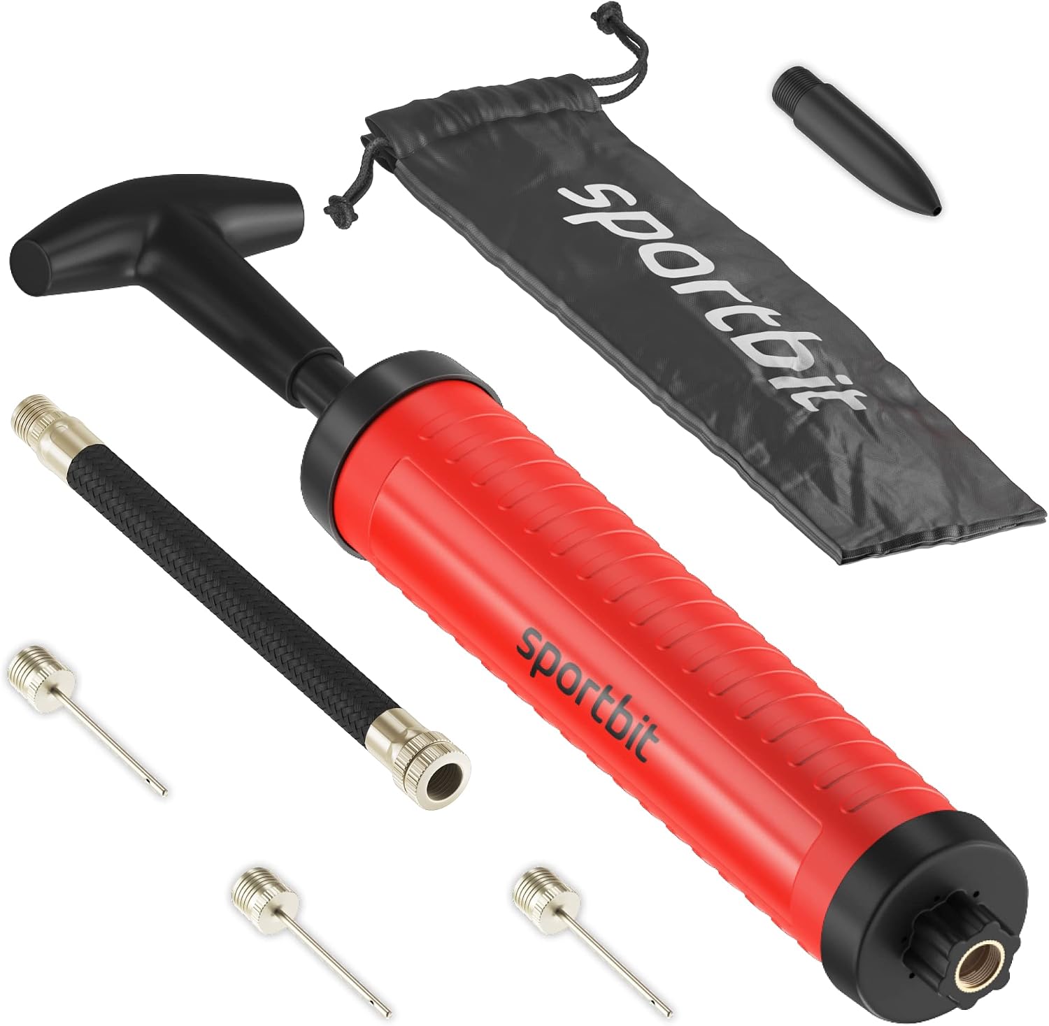 Detalle de SPORTBIT Basketball Pump, Red Plastic Hand Pump with Extension Hose and Ball Accessories
