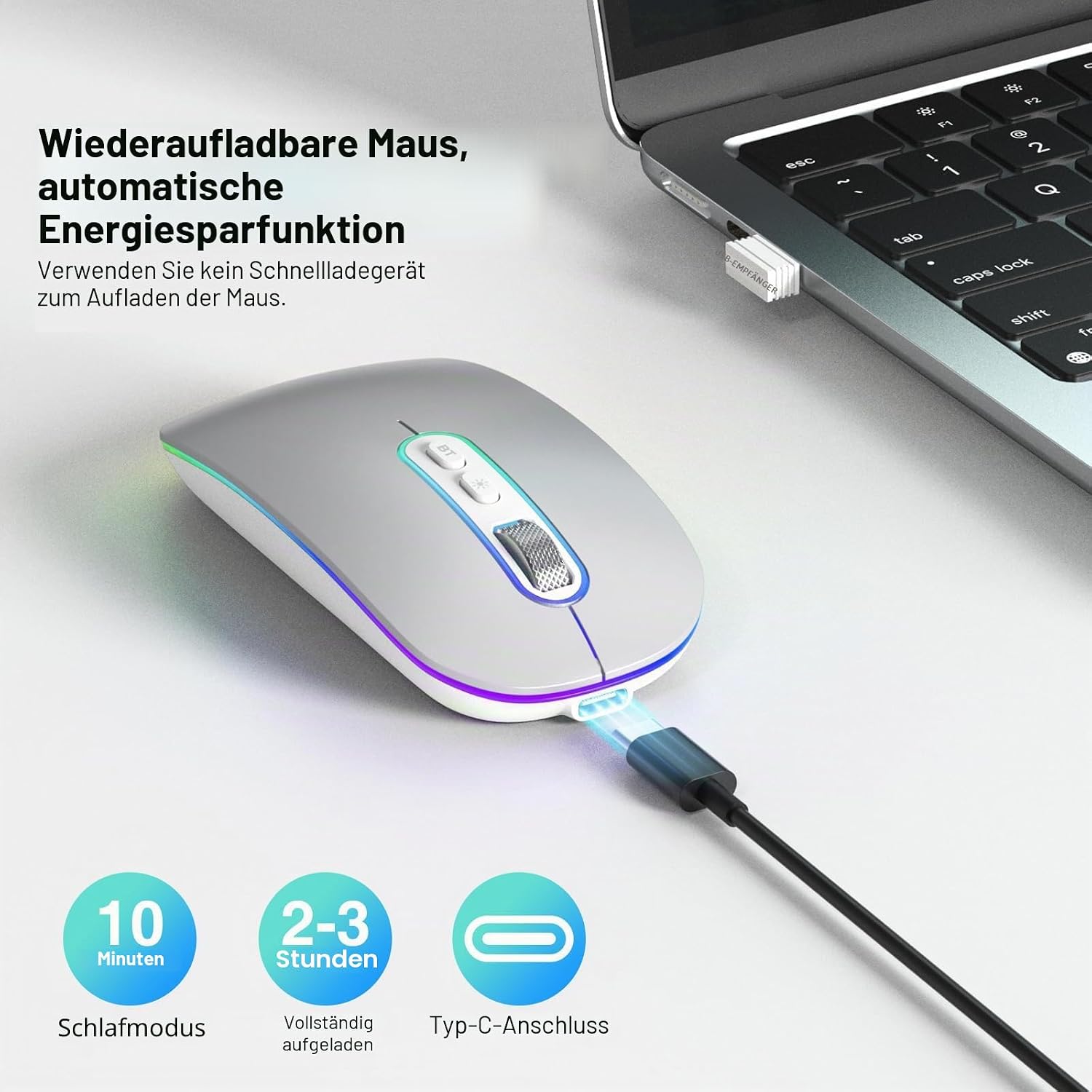 Detalle de cimetech Dual-Mode Bluetooth 5.1 & 2,4 GHz optische Office-Funkmaus (wiederaufladbar) mit USB‑C Adapter