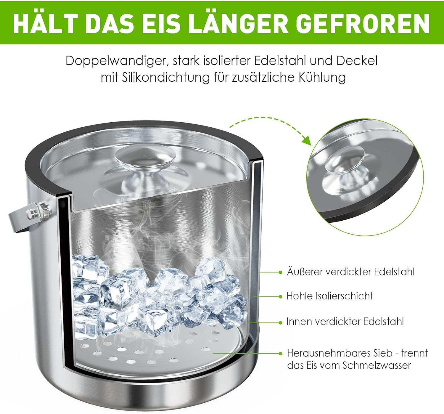 Thumbnail 1 de 3,2 L Eiswürfelbehälter mit Deckel und Zange – doppelwandig, vakuumisoliert, Edelstahl, inklusive Sieb