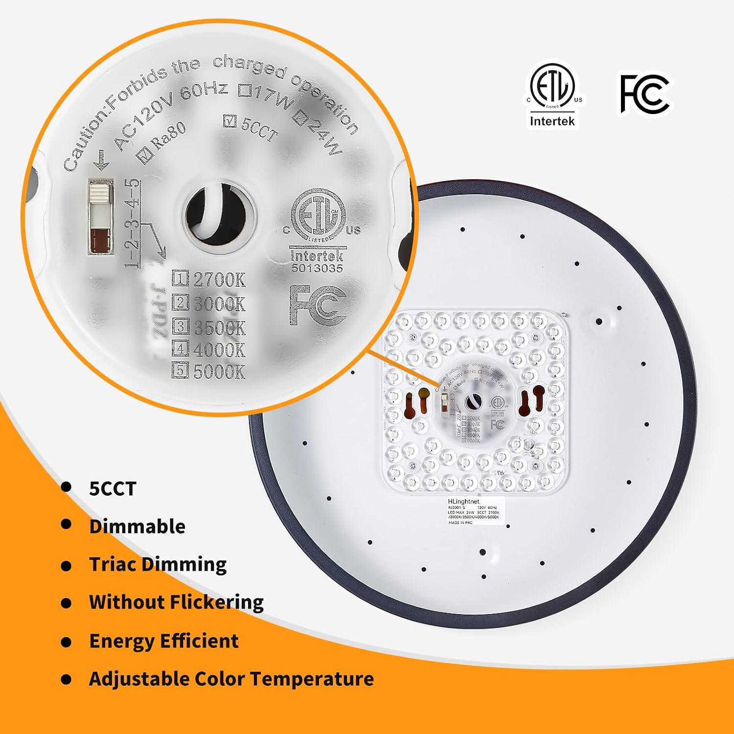 Detalle de HLinghtnet RJ-3001-B1 12-Inch Flush-Mount LED Ceiling Light, 24W, Dimmable 5CCT
