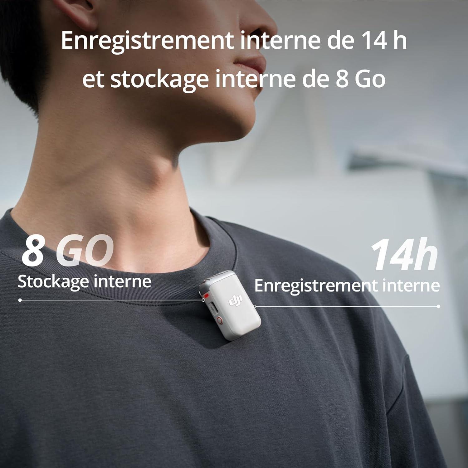 Detalle de Émetteur DJI Mic 2 (Blanc nacré) – Microphone sans fil avec réduction intelligente du bruit et enregistrement interne