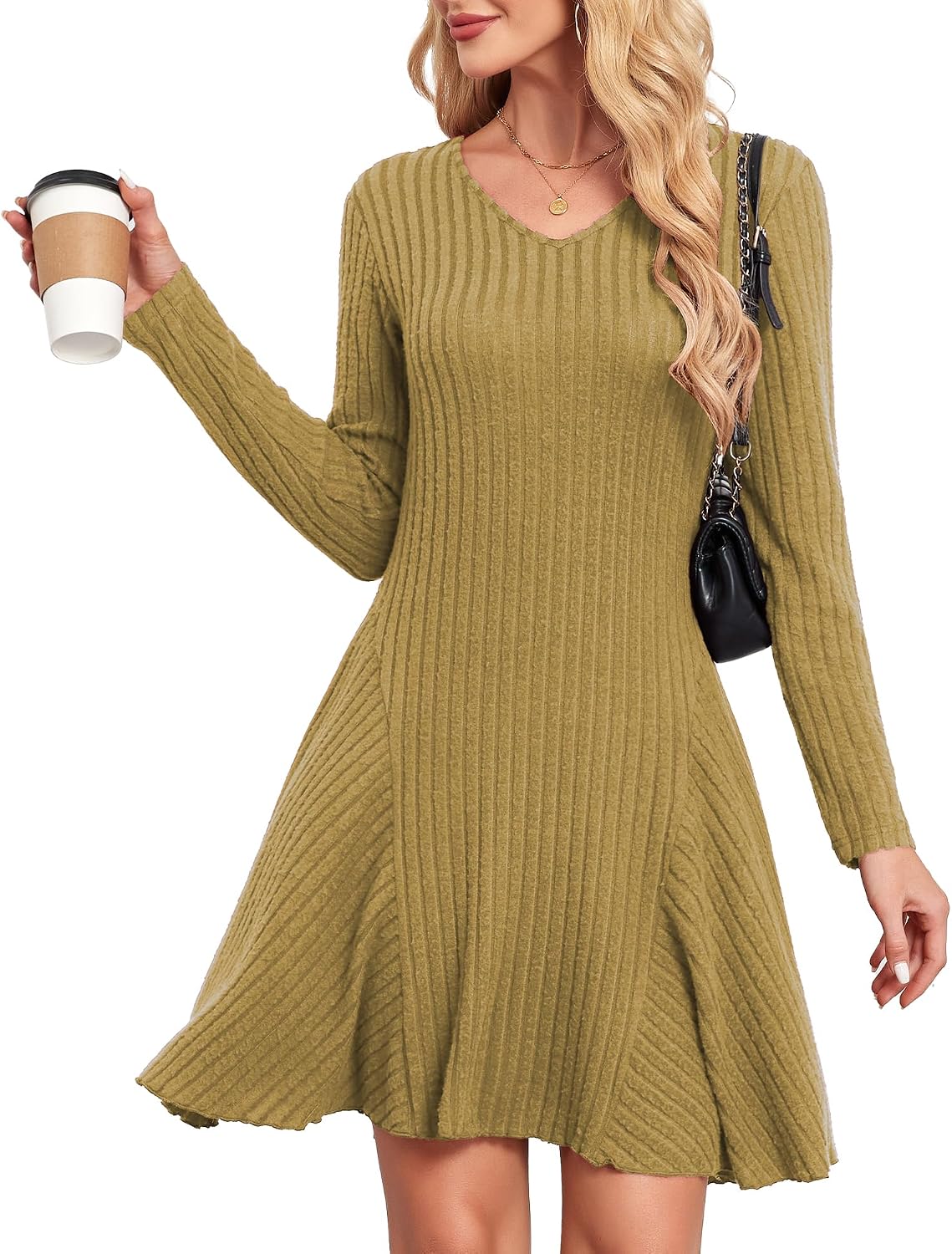 Detalle de Robe pull tricotée femme SENBATU à col en V et manches longues