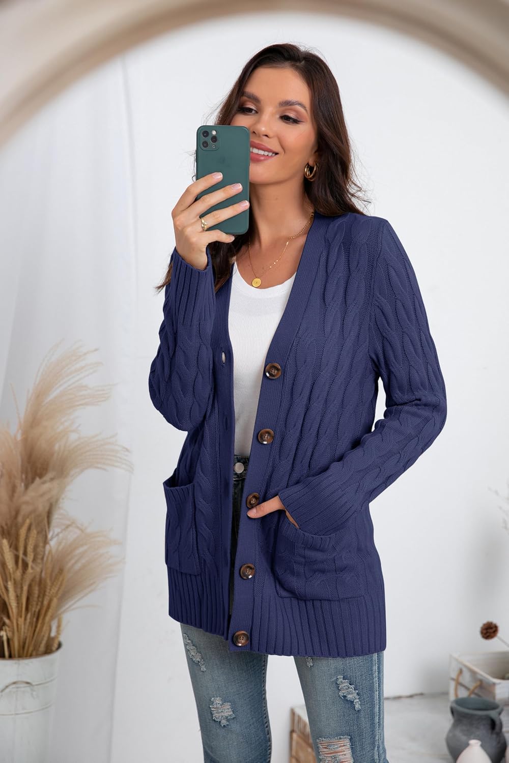 Thumbnail 2 de GRECERELLE Damen Strickjacke / Strickcardigan lang mit Taschen & Knöpfen