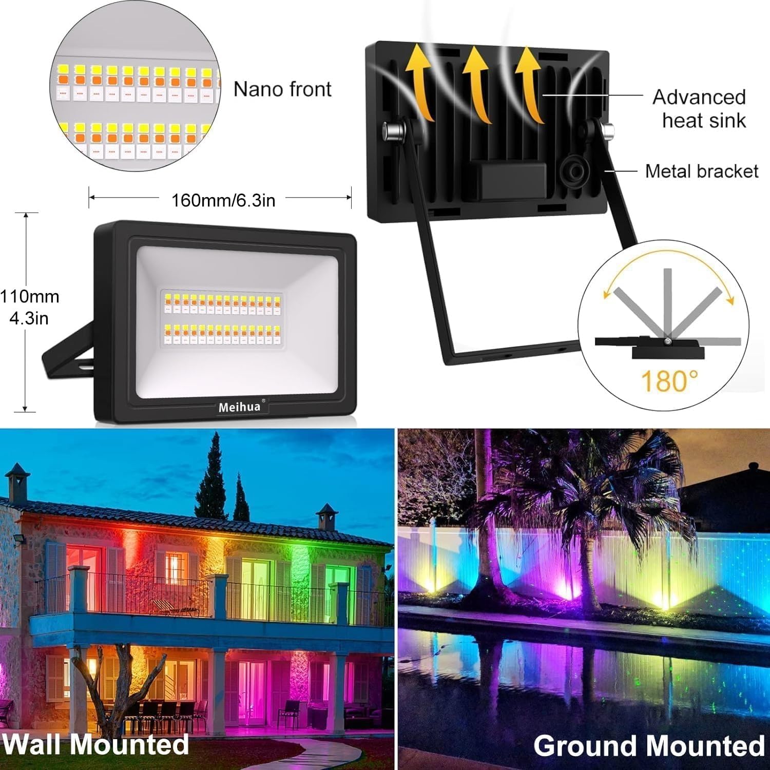 Detalle 2 de MEIHUA RFLB035 reflektor LED RGB 35 W, IP66, pilot i timer