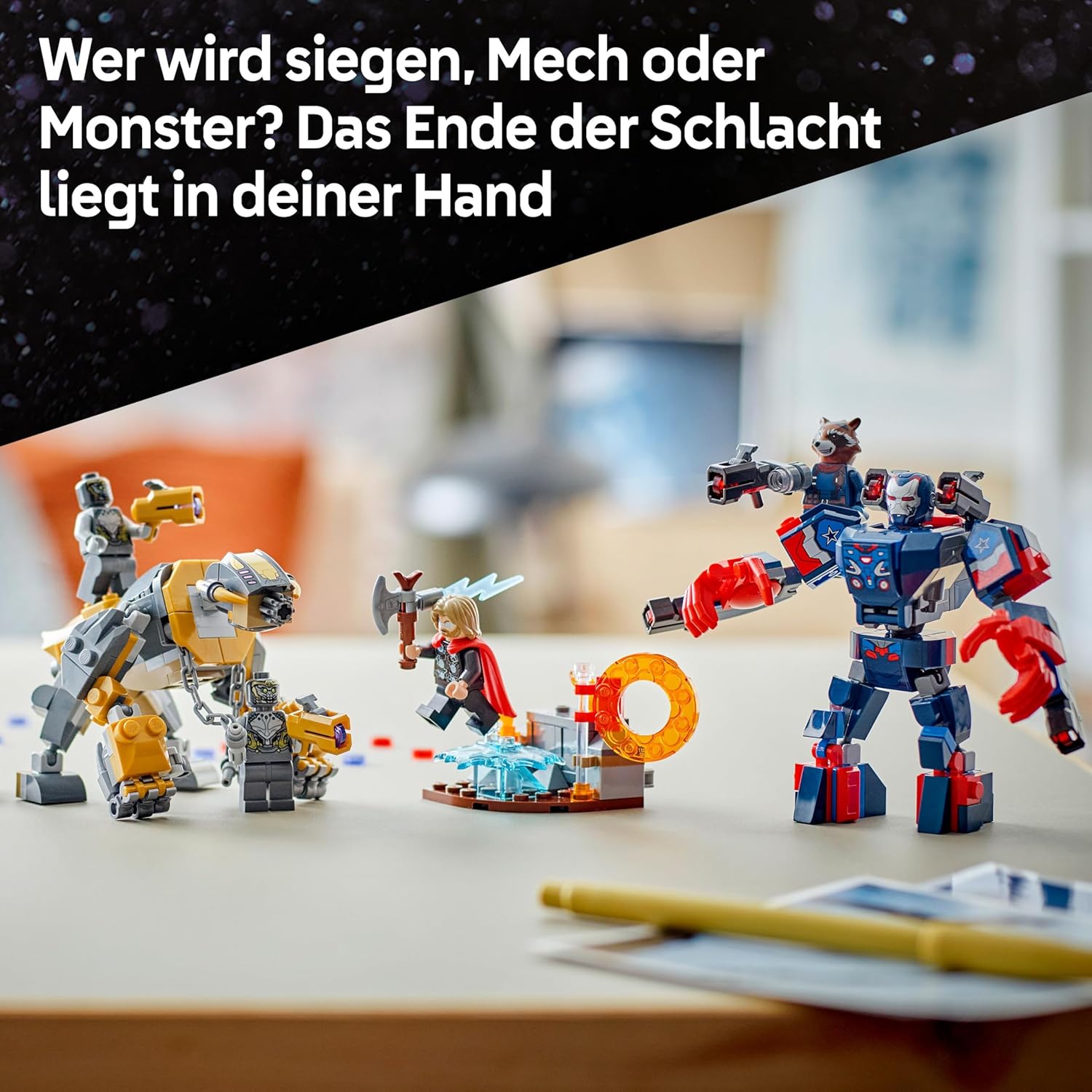 Detalle 2 de LEGO Marvel Avengers: Endgame Thor vs. Chitauri Bauset – 7 Minifiguren, Iron Patriot Mech, ab 8 Jahren (76322)