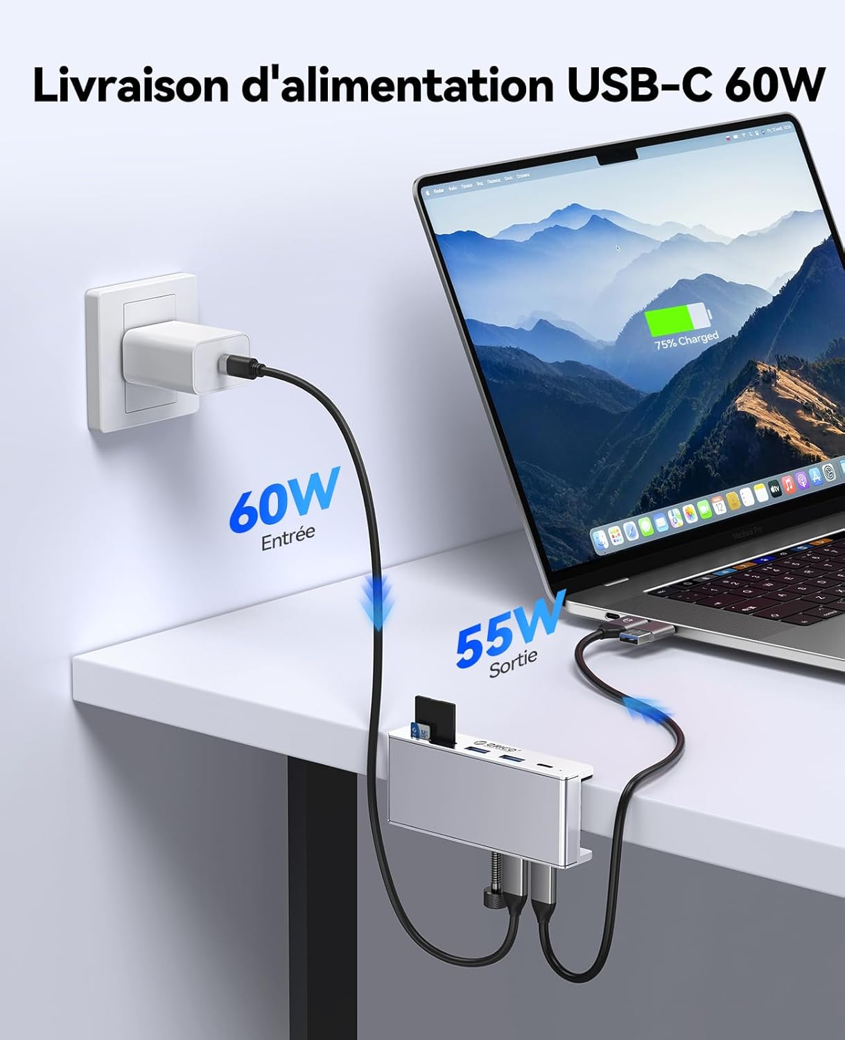 Thumbnail 2 de ORICO Hub USB 3.2 10 Gbps en aluminium avec clip et USB-C PD 60W – 7 ports