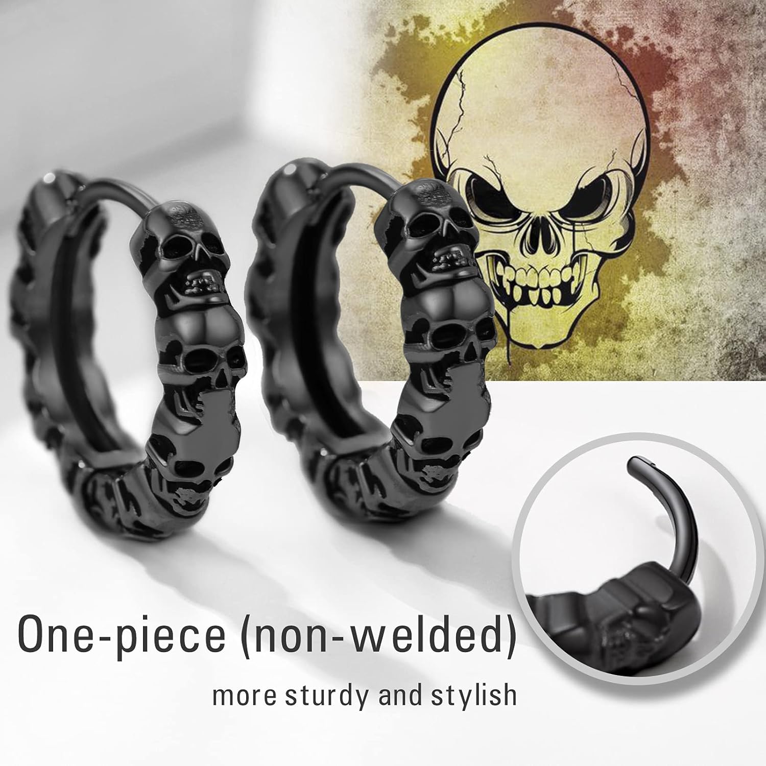 Thumbnail 3 de PROSTEEL Boucle d’oreille homme tête de mort en acier inoxydable 316L, créole pendante noir