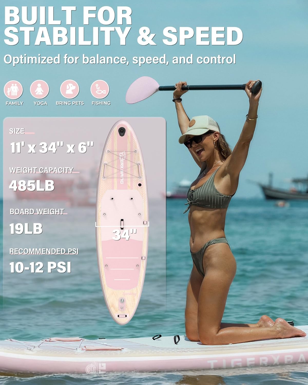 Detalle de TIGERXBANG Inflatable SUP Board with Kayak Seat – 11’ x 34”, 485 lb Capacity