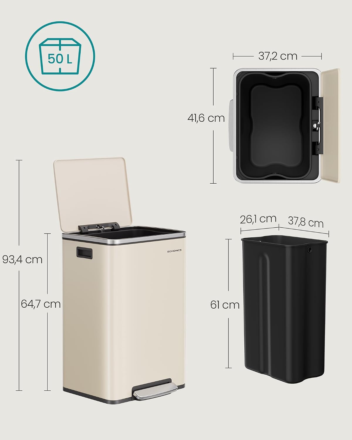 Thumbnail 3 de SONGMICS Mülleimer 50 L LTB595A02 aus Stahl – mit herausnehmbaren Inneneimer, Deckel & Soft-Close
