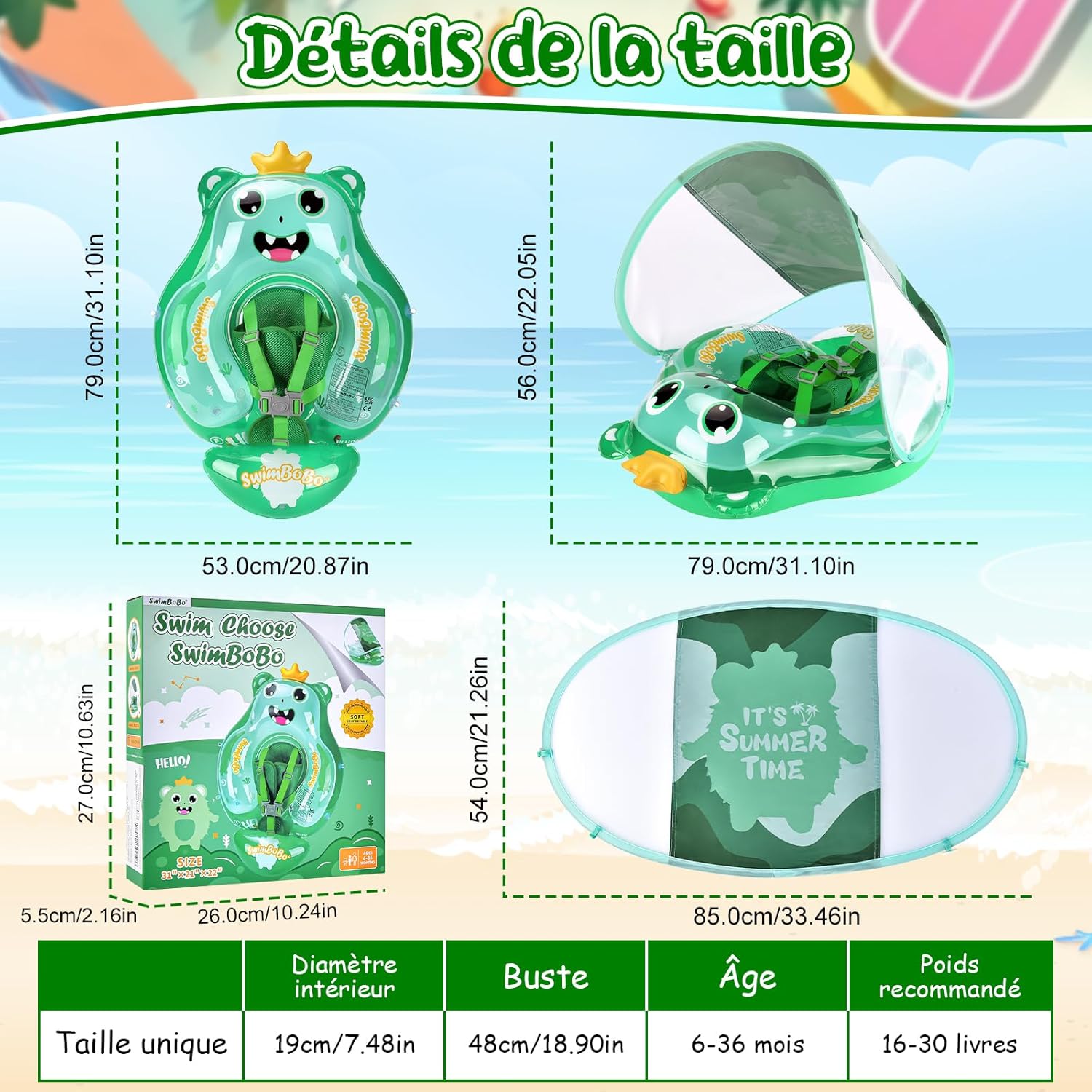 Thumbnail 4 de YOOHBERRYS Bouée bébé avec pare-soleil et support inférieur (3 à 36 mois) – flotteur de natation gonflable