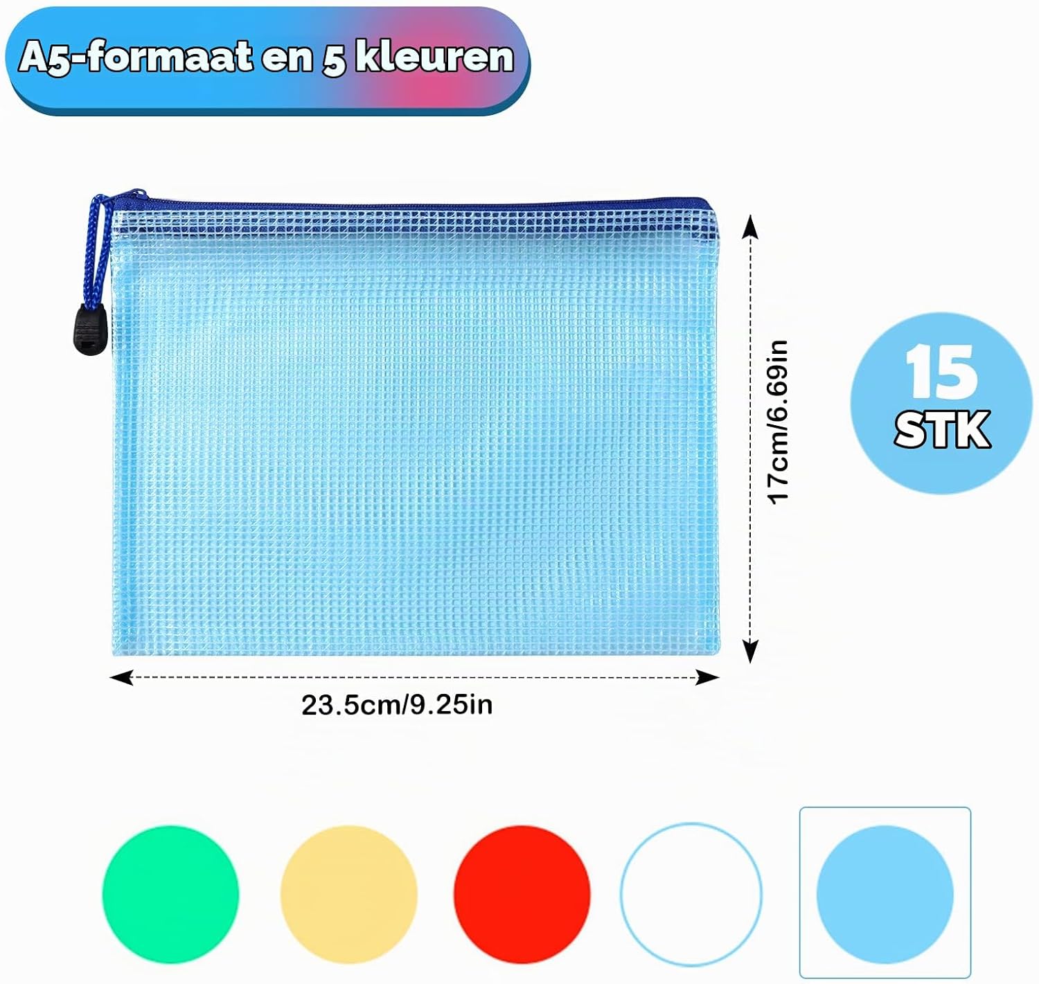 Detalle de Oderra Pochette plastique a5 A5-opbergtassen met rits, 15 stuks in 5 kleuren