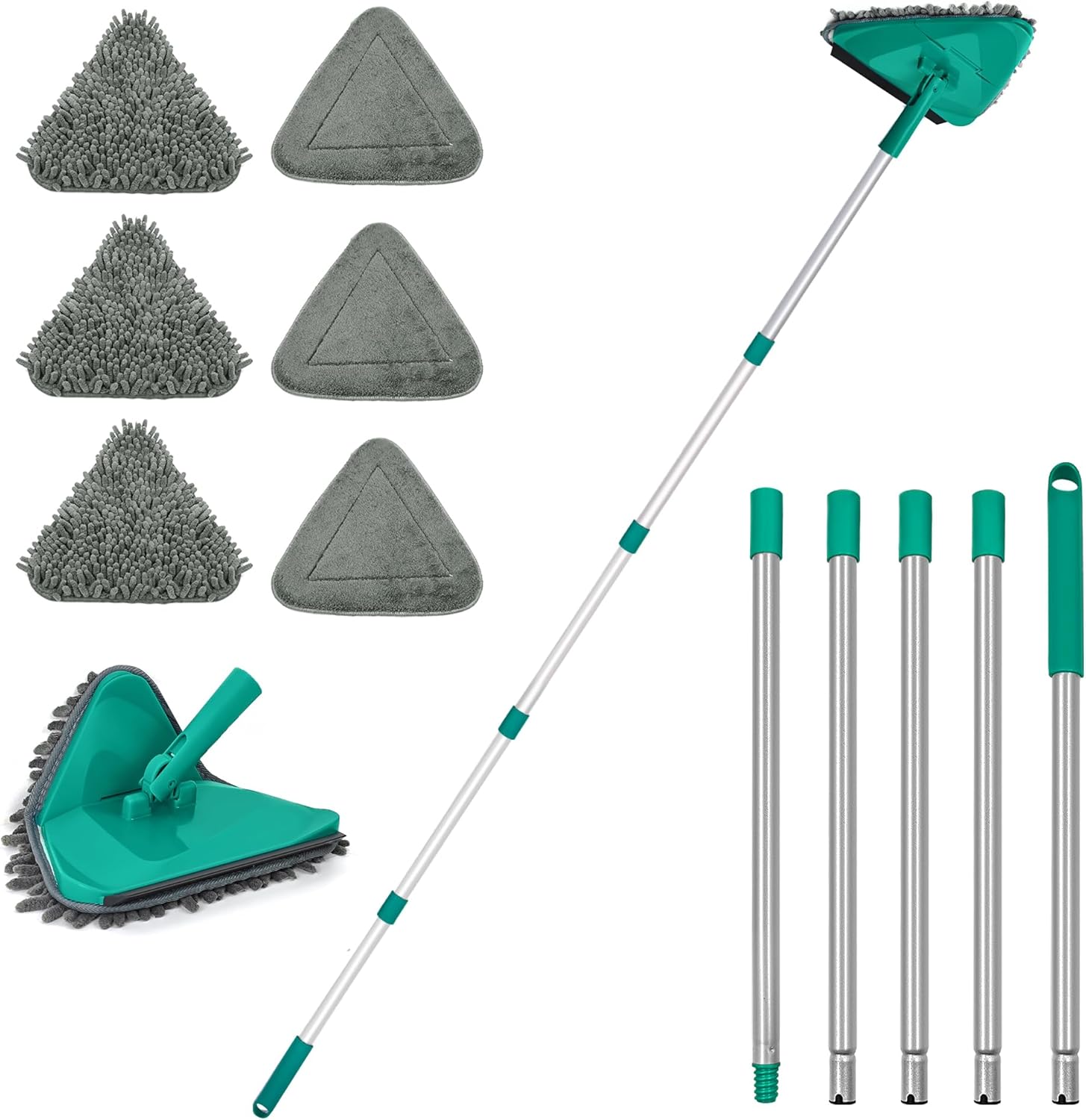 JEHONN 200CM Wall Cleaning Mop with Long Handle and 6 Microfibre Chenille Pads (Green)