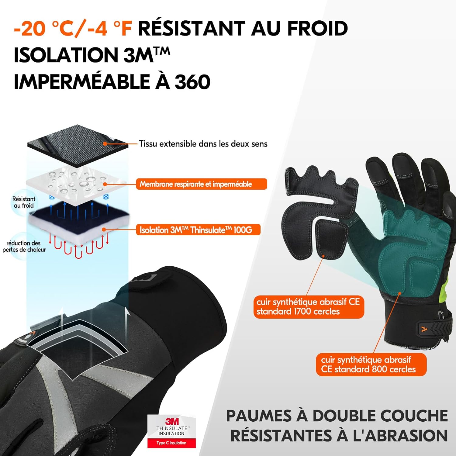 Detalle de Vgo... gants de travail hiver étanches avec écran tactile pour chambre froide et congélateur (SL8777FW, noir, XXL)