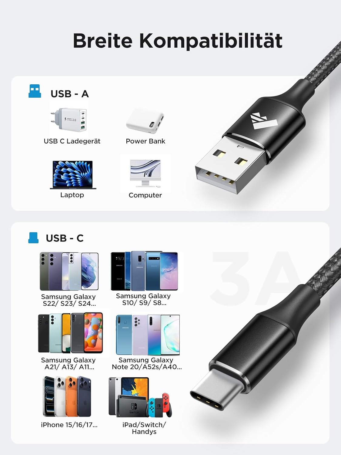 Thumbnail 4 de USB-C Kabel 3 m (Nylon) USB auf USB-C, Schnellladekabel 3A mit Datenübertragung bis 480 Mbit/s