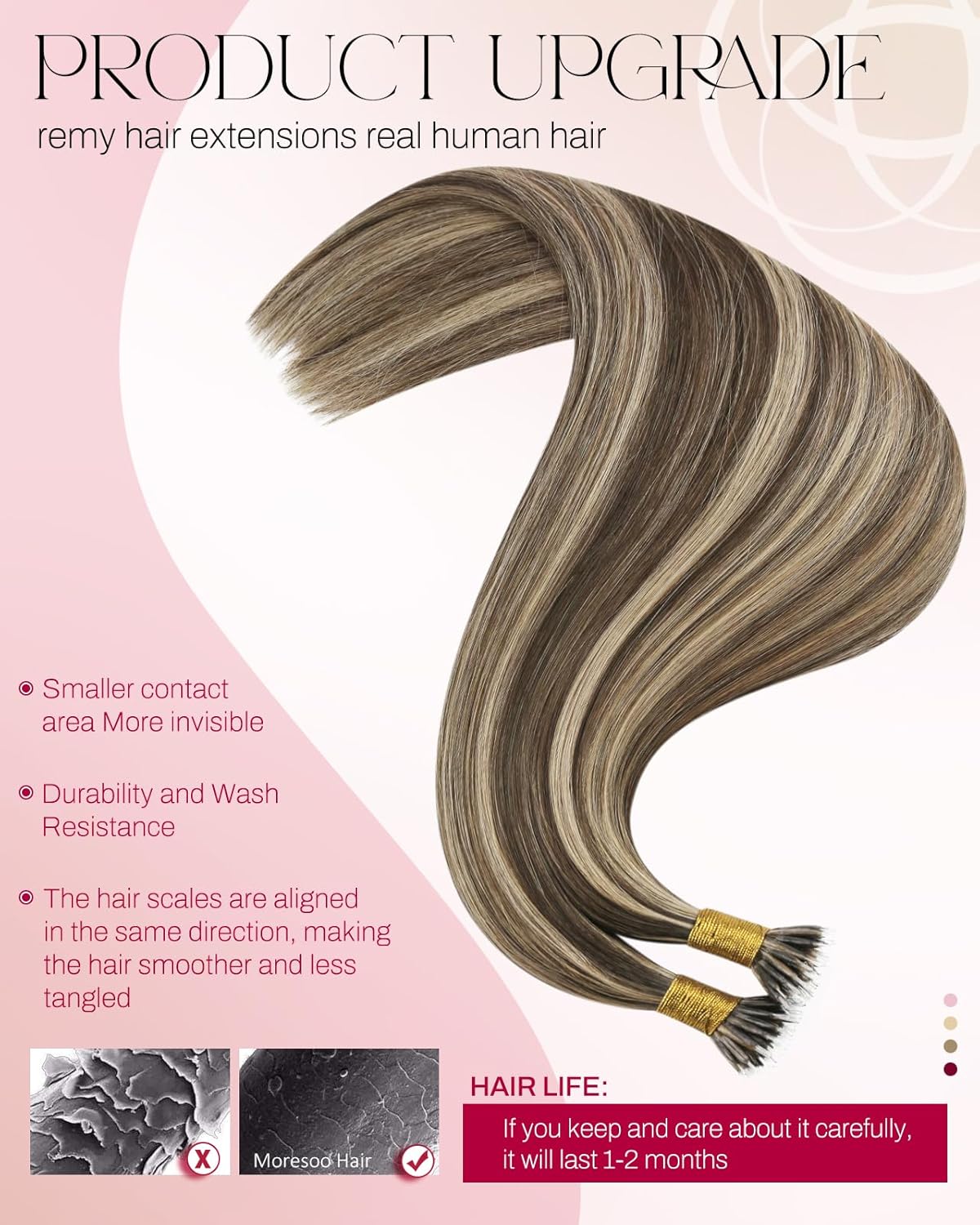 Thumbnail 2 de Moresoo Nano Hair Extensions Real Human Hair – Dark Brown with Caramel Blonde Nano Beads (22 Inch, 50g/Pack, 1g per strand)