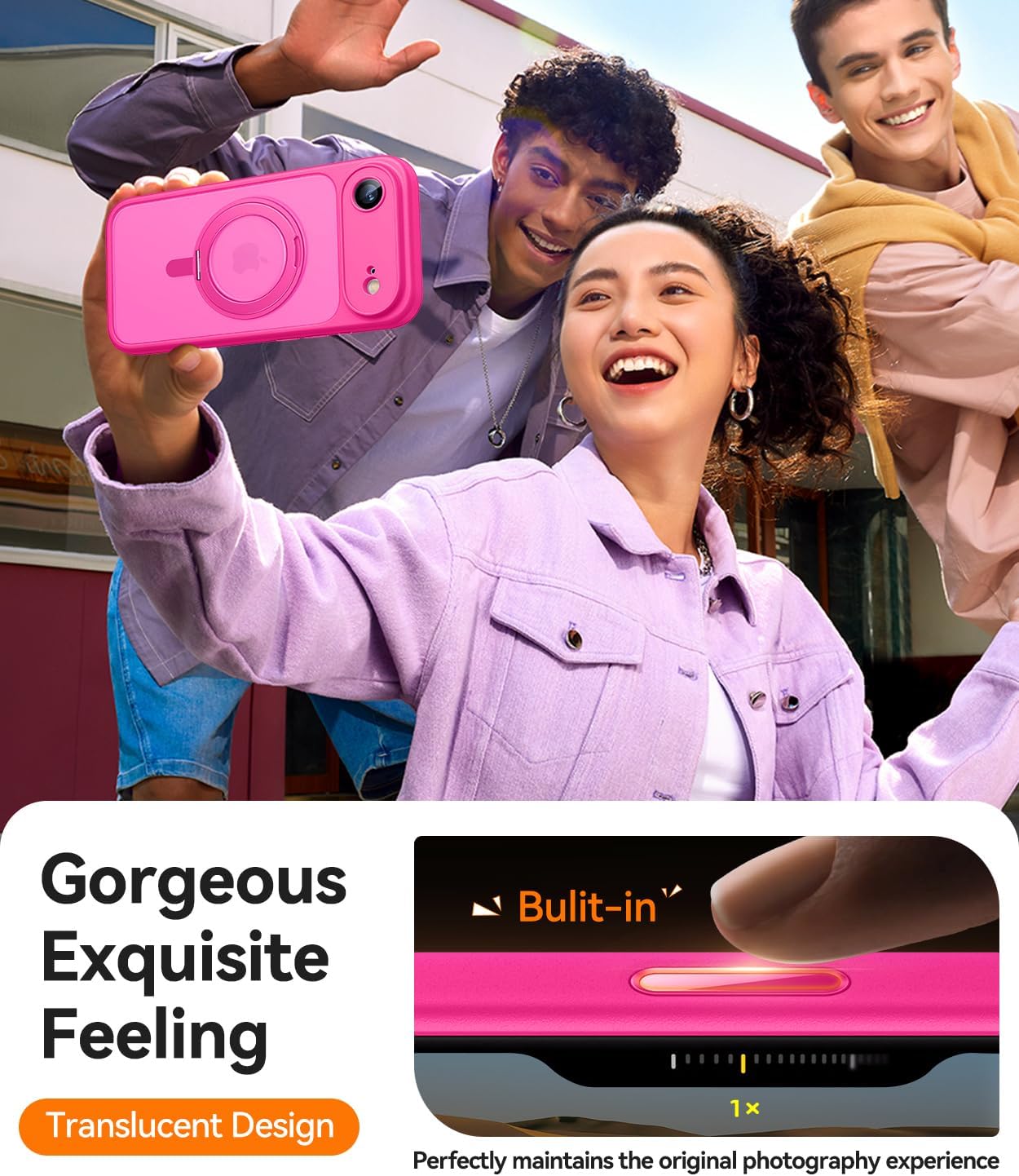 Detalle de CANSHN 360° Ständer-Hülle für iPhone Air mit Kamera-Schutznrahmen & Kamerasteuerknopf für MagSafe, leuchtend Matt Rosa