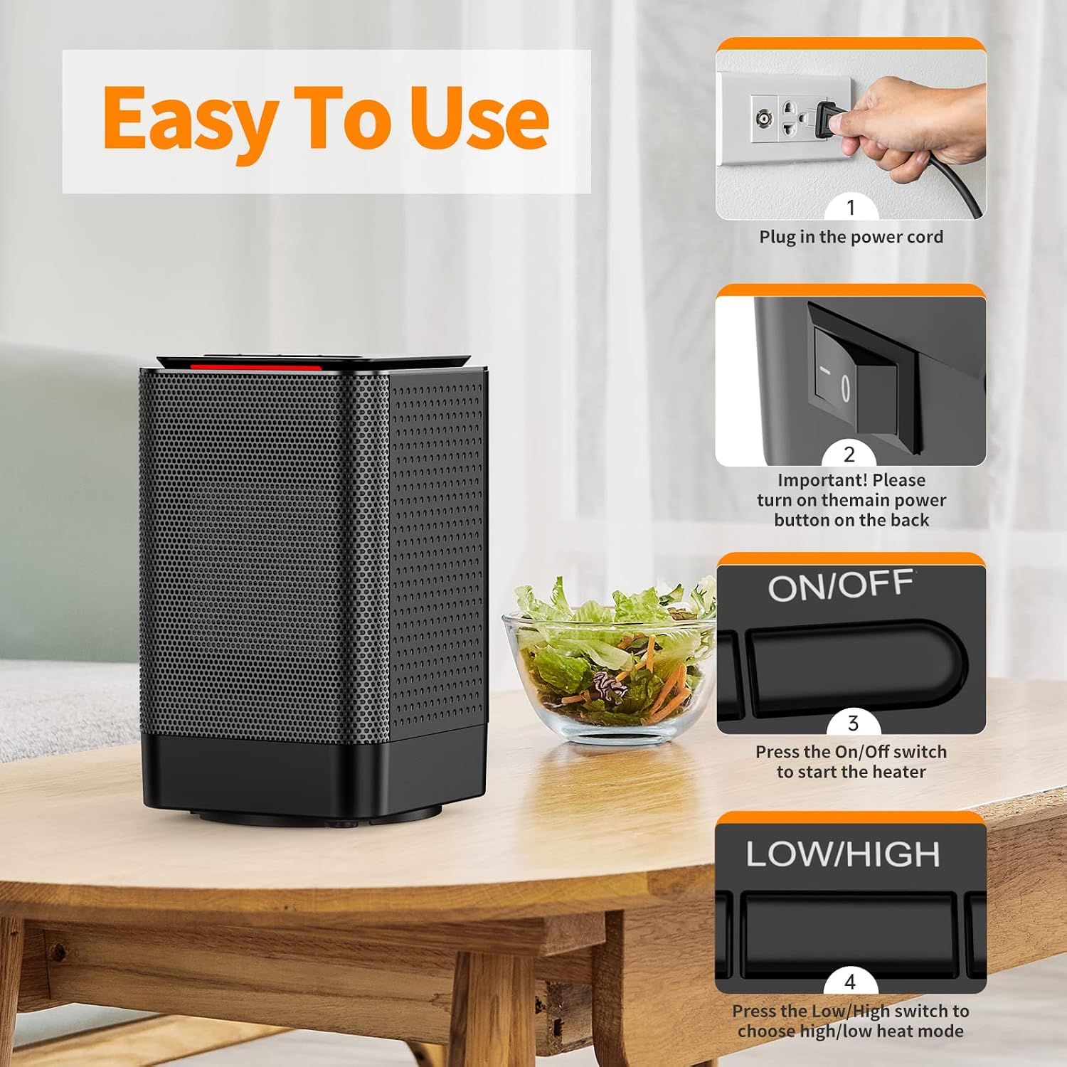 Detalle de TABYIK DH-QN02 Portable Ceramic Space Heater, 45° Oscillation, 3 Modes