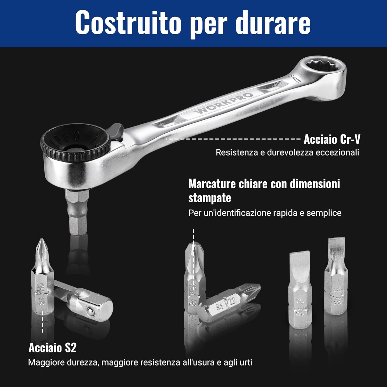Thumbnail 5 de WORKPRO Mini chiave a cricchetto doppia testa 1/4" – design 3 in 1, 72 denti, 105 mm