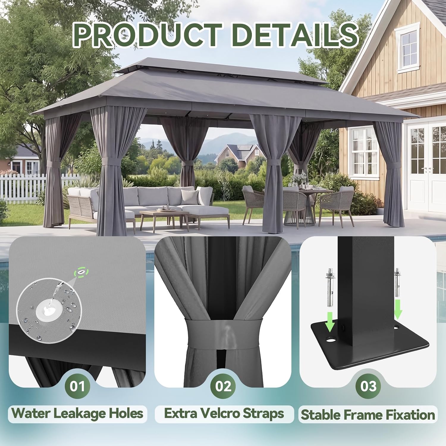 Detalle de Aoxun G30067NEW 20' x 10' Outdoor Gazebo with Netting and Curtains